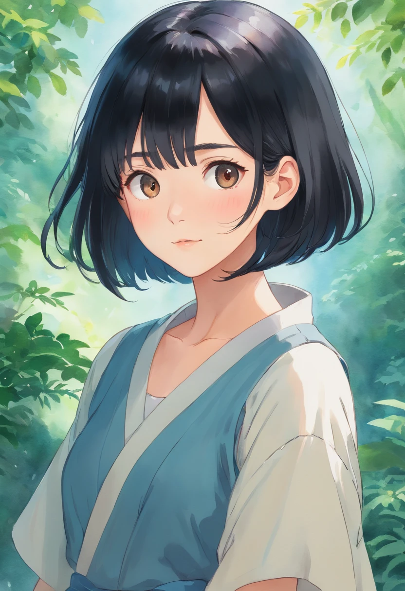 Watercolor style、digitalart、Black Hair Bob、Japan Beautiful Girl、realistic