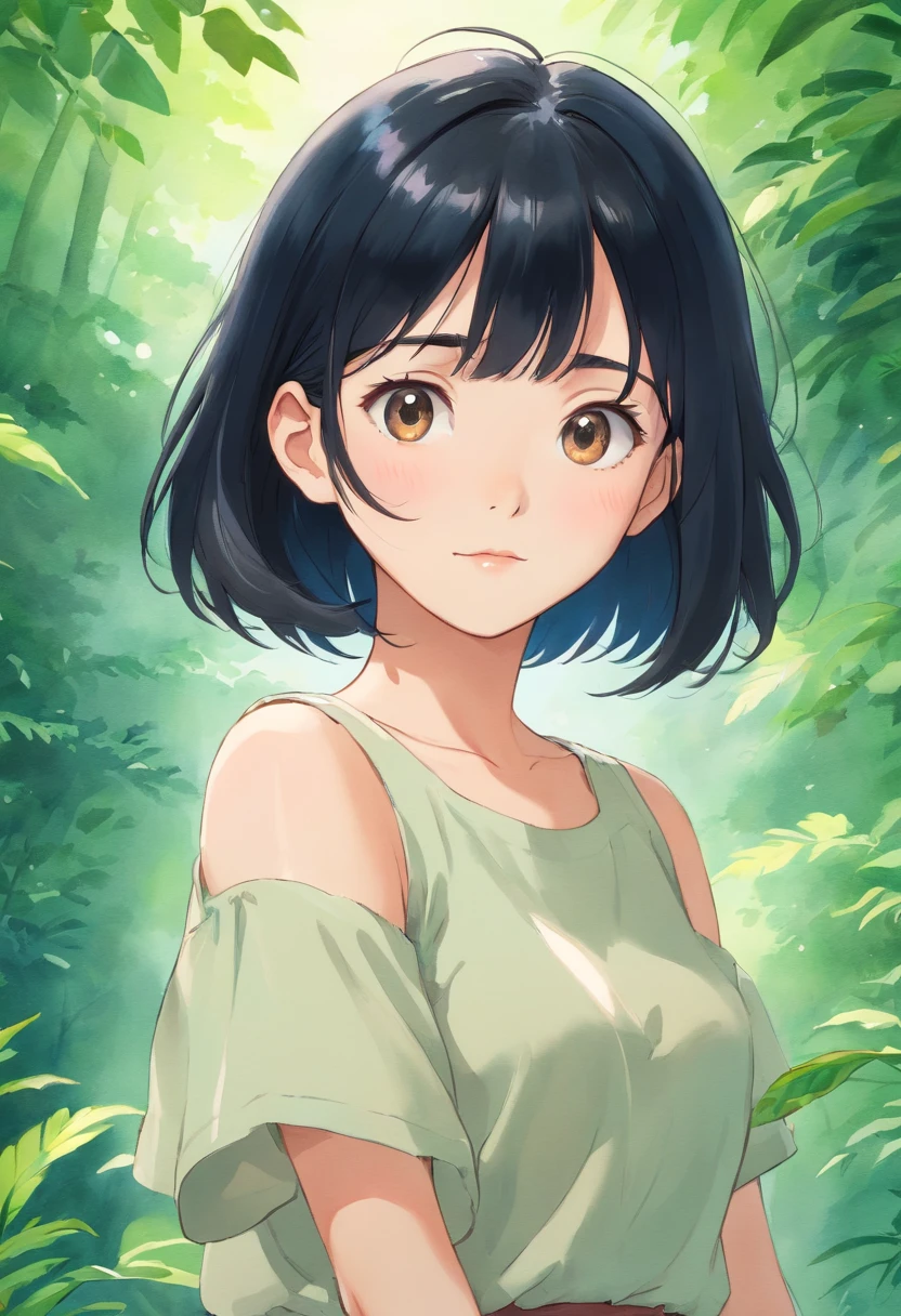 Watercolor style、digitalart、Black Hair Bob、Japan Beautiful Girl、realistic
