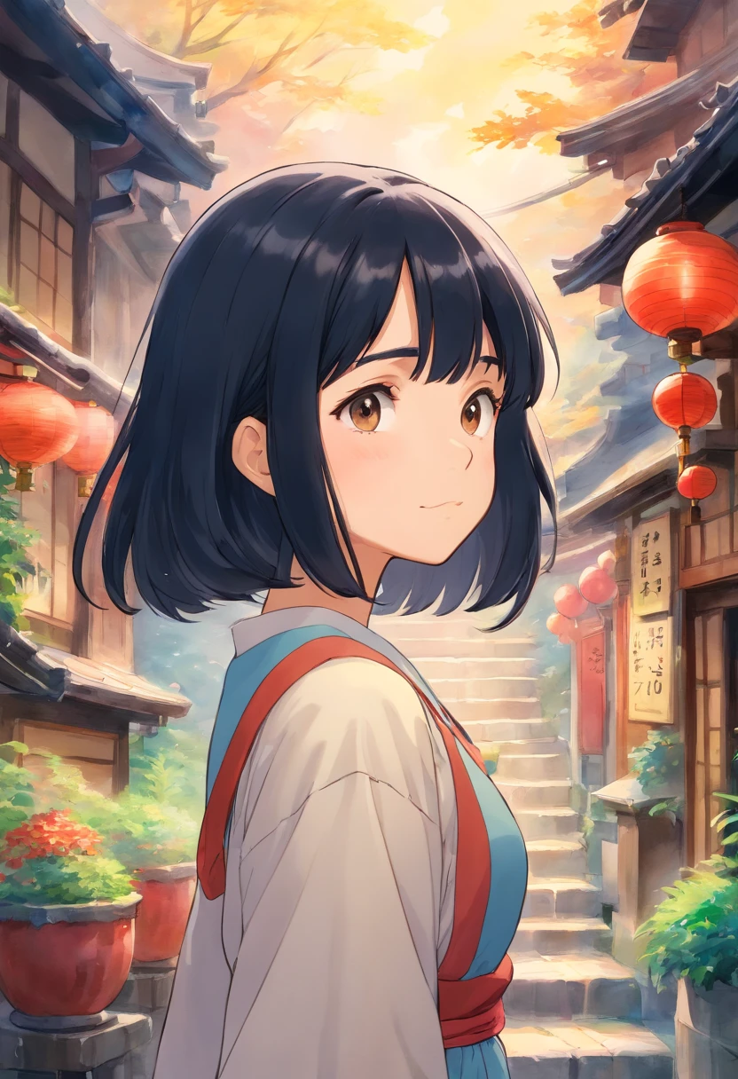 Watercolor style、digitalart、Black Hair Bob、Japan Beautiful Girl、realistic