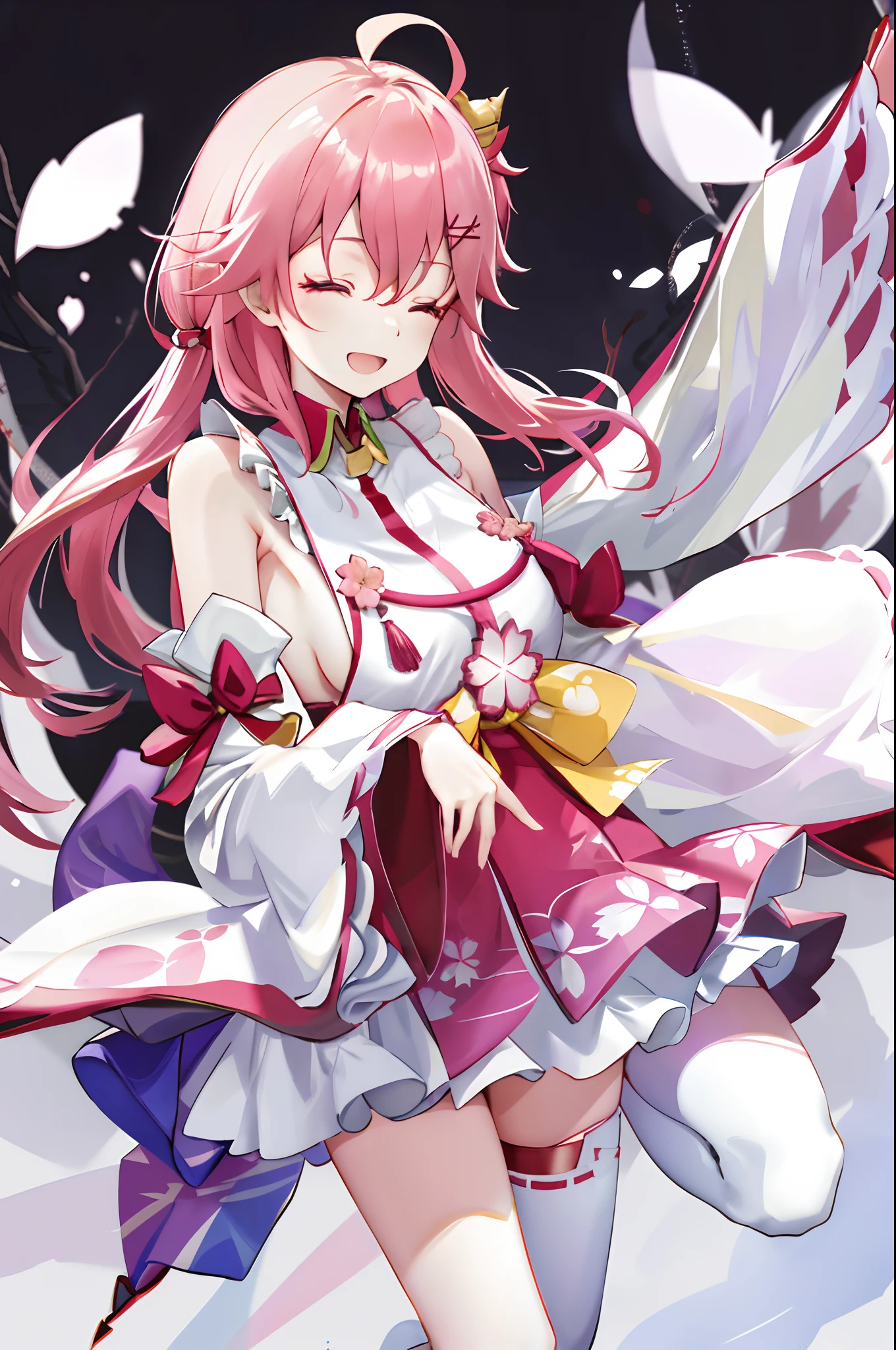 masterpiece, best quality, highres, miko1, sakura_miko, 1girl, , solo, ahoge, x_hair_ornament, pink_hair, floral print, hairclip,(side_less_clothes:1.3), (sideboobs:1.5), hair_bell, floral print, long_hair, hair between eyes, one side up, white thighhighs, asymmetrical legwear, wide sleeves, open_mouth,happy,close_eyes, smile,jumping,rising_leg,plump,apart_legs,(overly_long_sleeves:1.3),(beautiful_fingers),sleeves_past_wrists,hands_hidden_sleeves,sidelock_clothes,