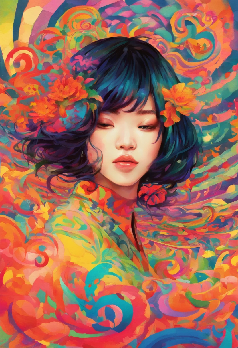 Watercolor style、digitalart、Black Hair Bob、Japan Beautiful Girl、realistic