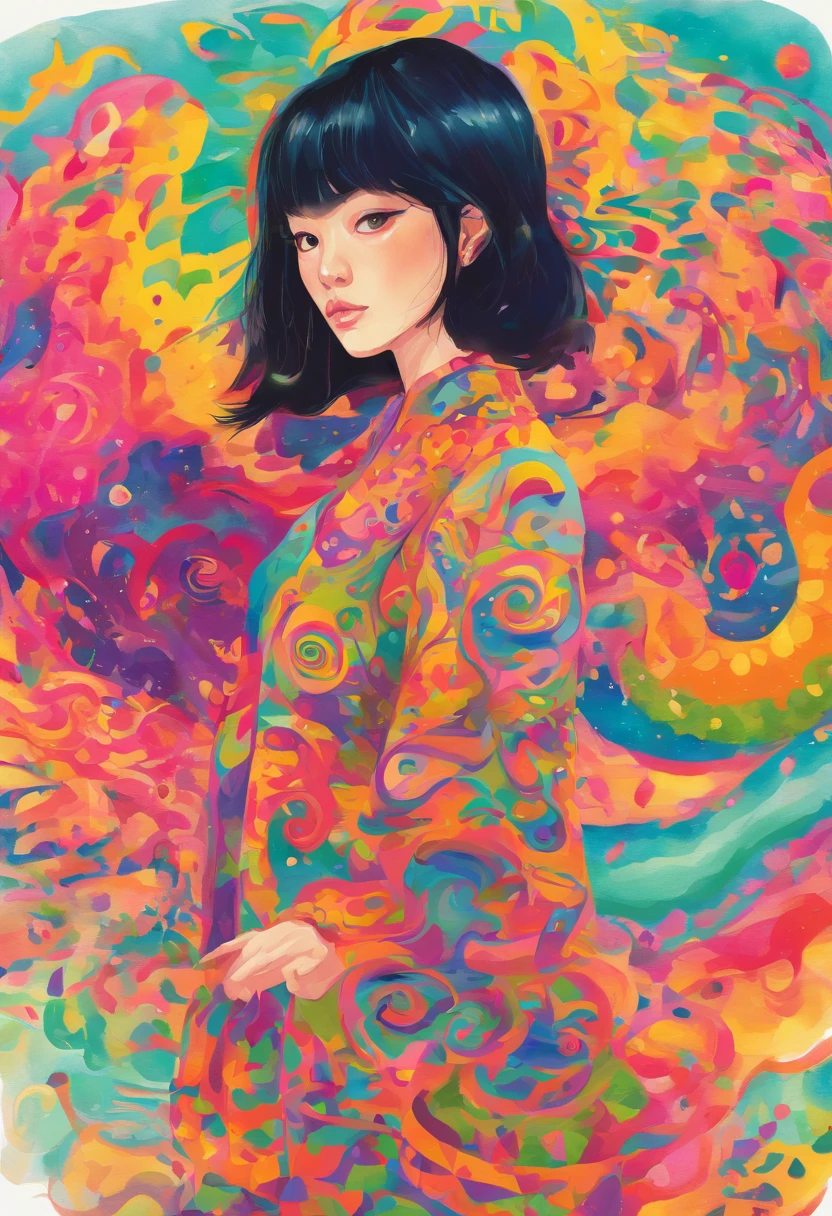 Watercolor style、digitalart、Black Hair Bob、Japan Beautiful Girl、realistic