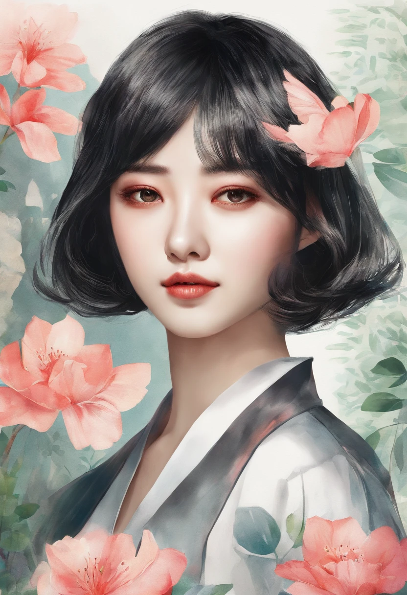 Watercolor style、digitalart、Black Hair Bob、Japan Beautiful Girl、realistic