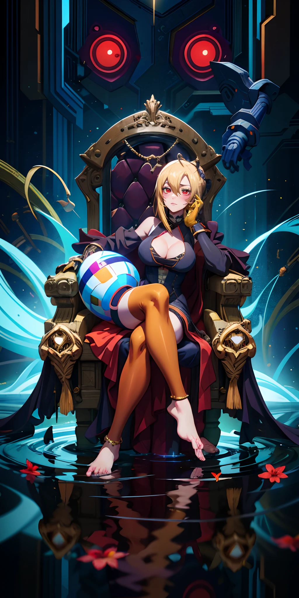 (blonde hair:1.7), red eyes, glowing eyes, masterpiece, best quality, (highres:1.4), (sagging breasts:1.4), hollow eyes, sweating, smirk, upper teeth, looking at viewer, 1girl, breasts, sitting, spread_legs, jewelry, feet, barefoot, cleavage, solo, looking_at_viewer, large_breasts, black_legwear, toes, anklet, holding, dress, water, mole, thighhighs, wide_sleeves, flower, gloves, glow effects, godrays, Hand drawn, render, 8k, octane render, cinema 4d, blender, dark, atmospheric 4k ultra detailed, cinematic, Sharp focus, big depth of field, Masterpiece, colors, 3d octane render, 4k, concept art, trending on artstation, hyperrealistic, Vivid colors, extremely detailed CG unity 8k wallpaper, trending on CGSociety, Intricate, High Detail, dramatic,