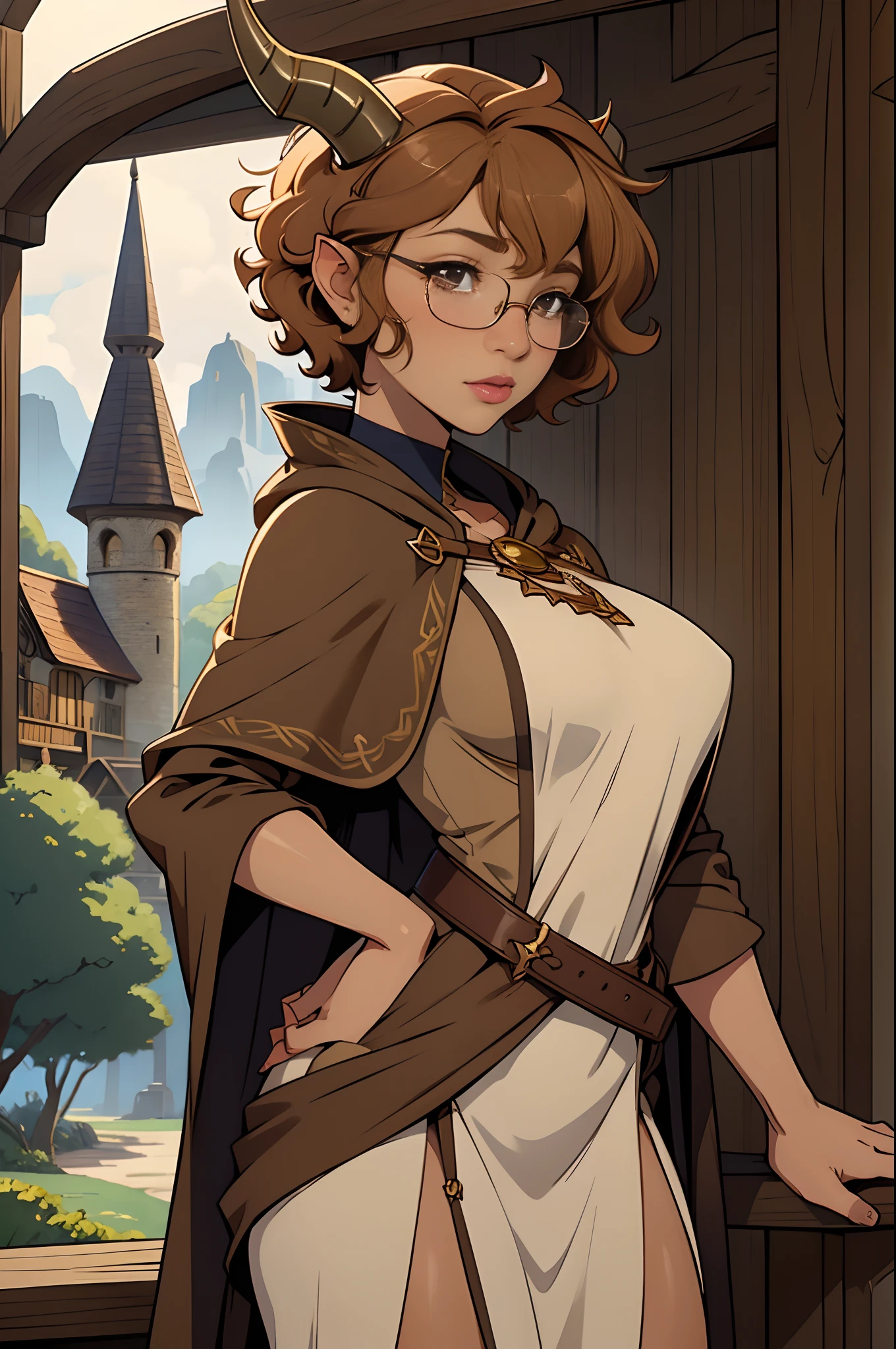 Solo, female, tan skin, curly hair, (((short hair))), light mahogany hair, lipstick, eyelashes, breasts, brown linen tunic, navy cloak, glasses, fantasy village, ((horns))