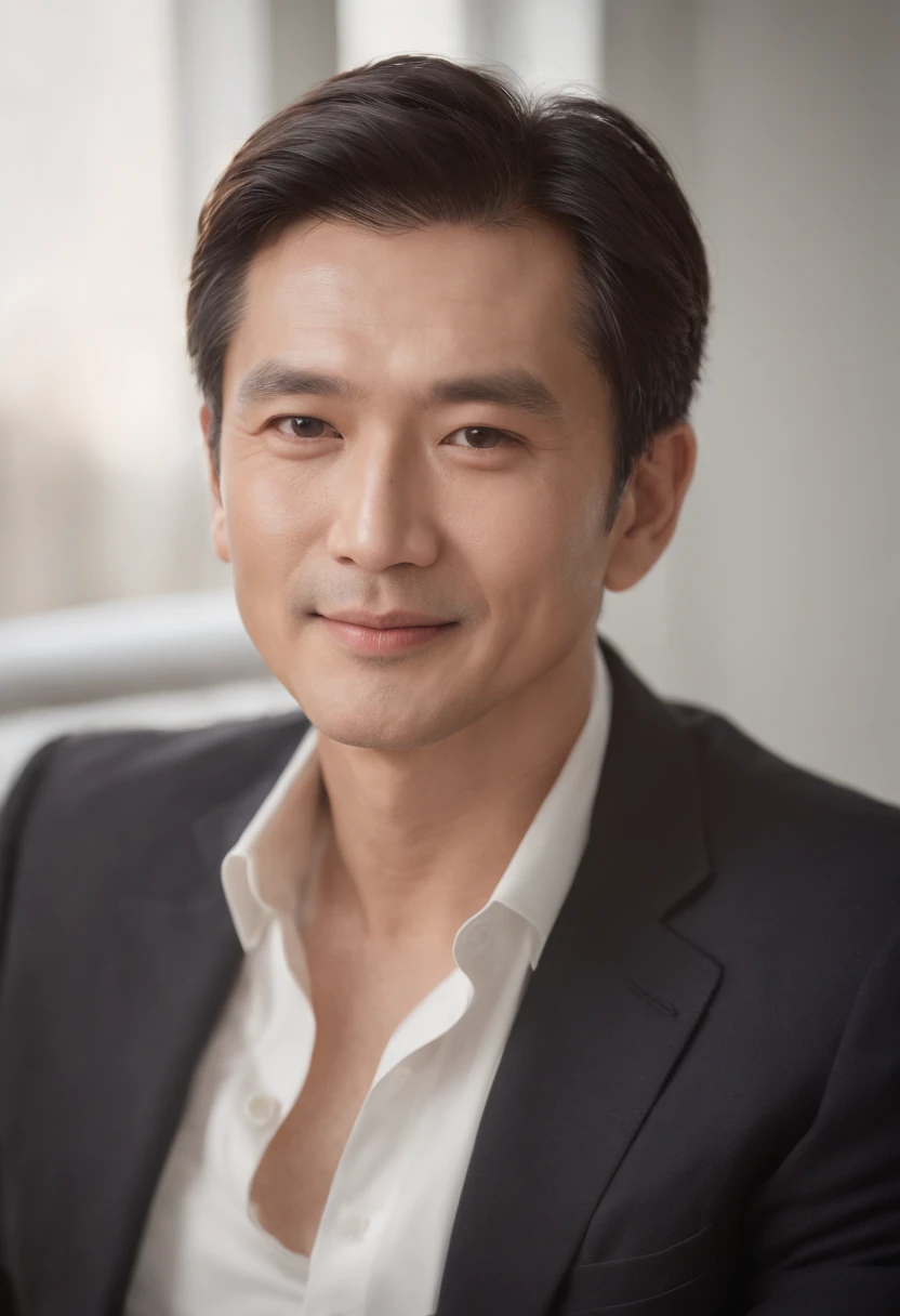 (Best Quality,hight resolution),Man sitting,(Realistic,Photorealistic:1.37),Detailed faces and facial expressions,Gentle eyes,subtle smile,Classic portrait style,Warm tones,soft and even lighting,Detailed clothing,calm and peaceful ambiance、Looking at the camera、Japan male at 50 years old、Smiling kindly、Head-on photo