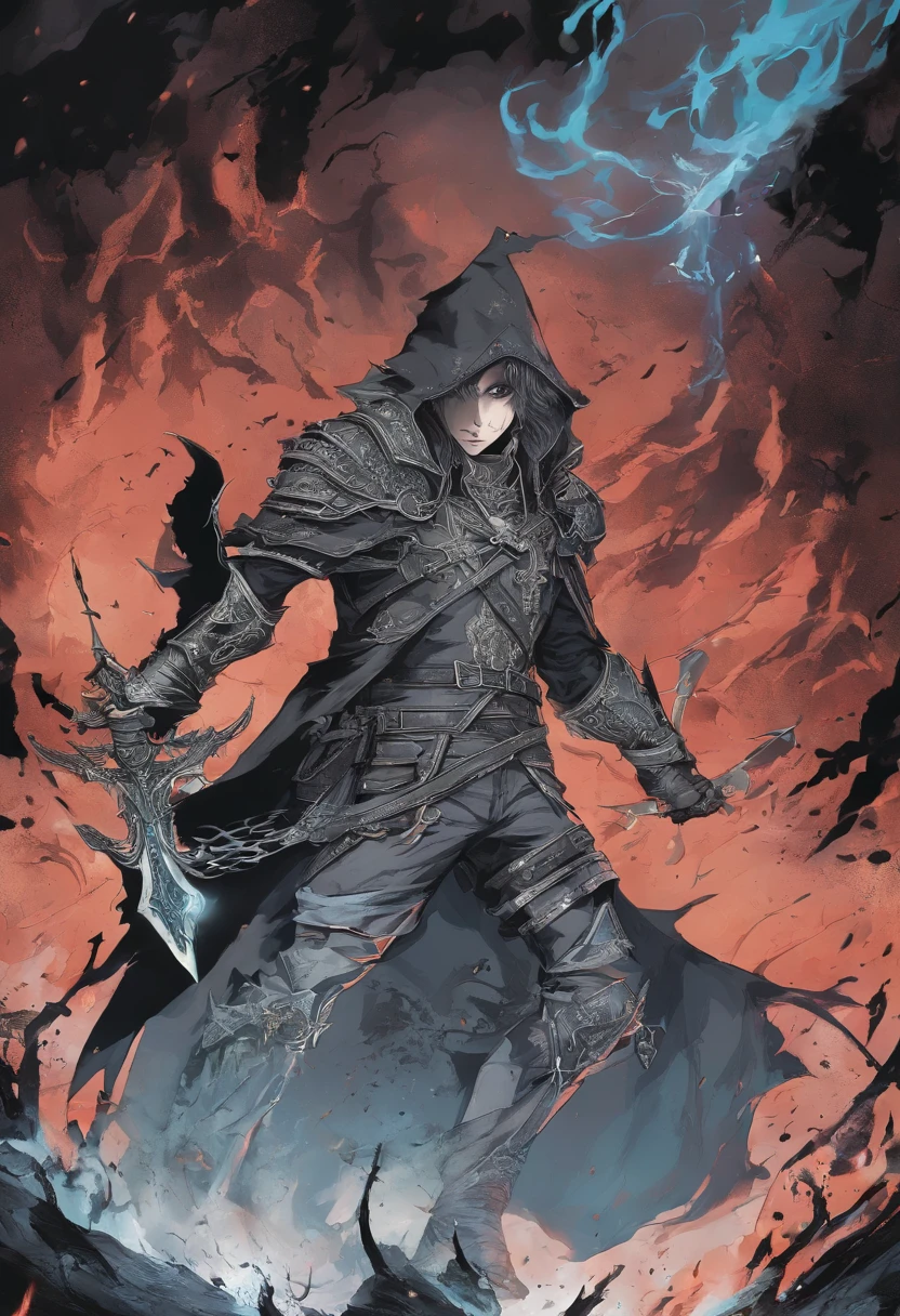 1 homem, adulto, homem, cabelos pretos, HOMEM, olhos finamente detalhados, retrato, olhando para o espectador, solo, rosto detalhado, (bloodborne horror), palido, black dark and rough leather clothes, gothic scenario, discretion, disguised, noite, sombras, mistborn, (dutch angle), boca fechada, pele branca palida, undead, renascido, revenant, olhos azuis brilhantes, olhos brilhantes, OLHOS BRILHANTES LUMINOSOS, homem de cabelo longo preto, cabelo preto, Cabelos longos amarrados, com um olho azul brilhante com veias negras, Use uma jaqueta preta longa, Like a blood hunter, Nas costas, ele carrega uma espada, He is engulfed in flames and is fighting various monsters of the night., encarnando uma dura batalha para proteger Barovia e seus habitantes. Anime dos anos 80 ainda, retro fashion, Dungeon and Dragons Personagem Dark Fantasy Arte Digital Muted Pastel Colors, muted retro colors, CRT TV Screen por Tsukasa Hojo e Toshihiro Kawamoto -