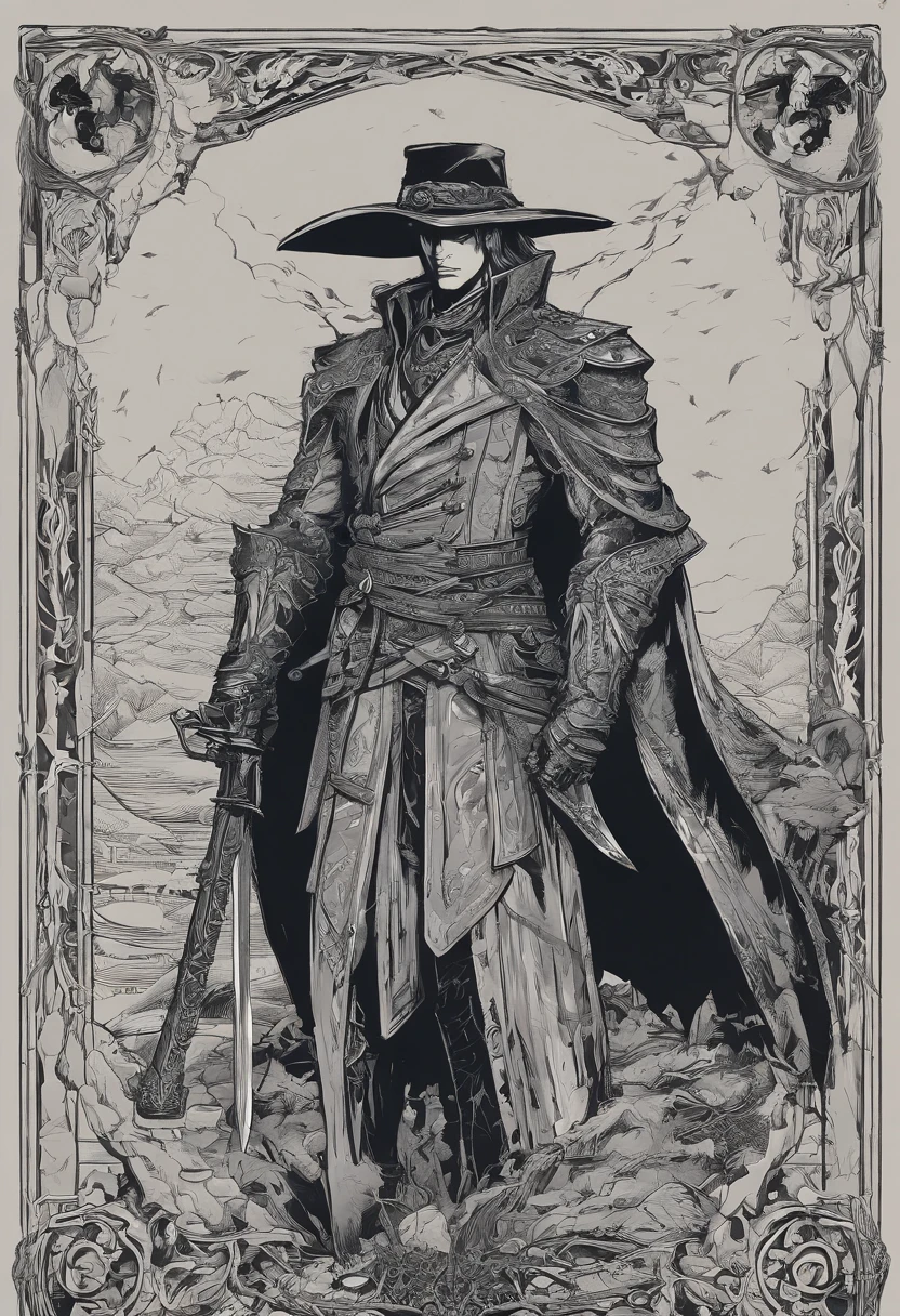 1 homem, adulto, homem, cabelos pretos, HOMEM, olhos finamente detalhados, retrato, olhando para o espectador, solo, rosto detalhado, (bloodborne horror), palido, black dark and rough leather clothes, gothic scenario, discretion, disguised, noite, sombras, mistborn, (dutch angle), boca fechada, pele branca palida, undead, renascido, revenant, olhos azuis brilhantes, olhos brilhantes, OLHOS BRILHANTES LUMINOSOS, homem de cabelo longo preto, cabelo preto, Cabelos longos amarrados, com um olho azul brilhante com veias negras, Use uma jaqueta preta longa, Like a blood hunter, Nas costas, ele carrega uma espada, He is engulfed in flames and is fighting various monsters of the night., encarnando uma dura batalha para proteger Barovia e seus habitantes. Anime dos anos 80 ainda, retro fashion, Dungeon and Dragons Personagem Dark Fantasy Arte Digital Muted Pastel Colors, muted retro colors, CRT TV Screen por Tsukasa Hojo e Toshihiro Kawamoto -