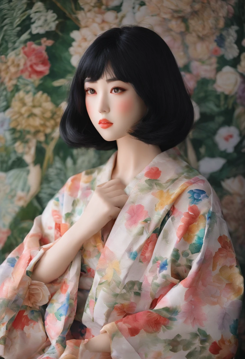Watercolor style、digitalart、Black Hair Bob、Japan Beautiful Girl、realistic