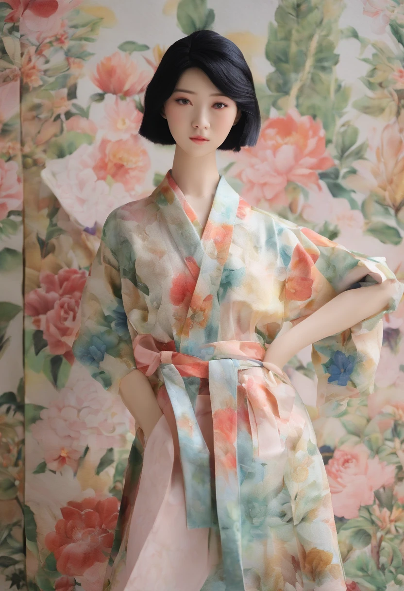 Watercolor style、digitalart、Black Hair Bob、Japan Beautiful Girl、realistic