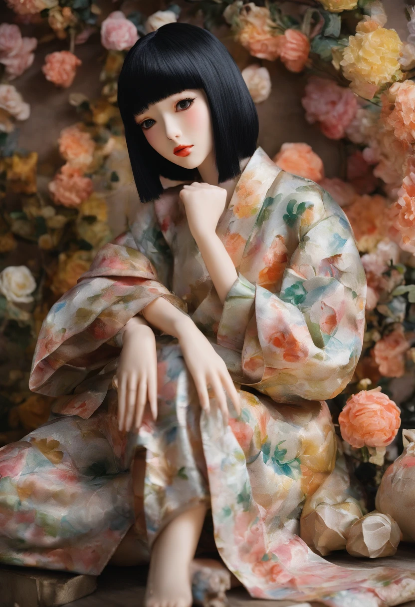 Watercolor style、digitalart、Black Hair Bob、Japan Beautiful Girl、realistic