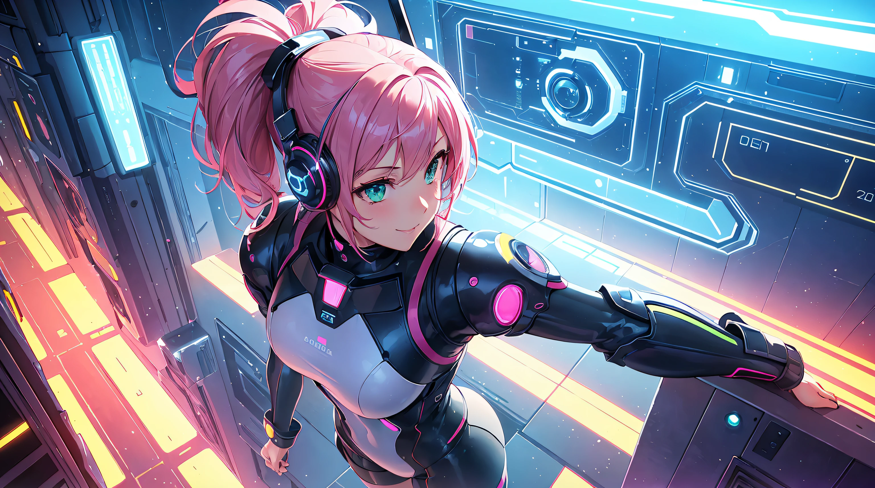 ​masterpiece, 1girl ((20year old, bodysuit, futuristic space suit, knee-high boots, medium breasts, multi-color pink hair, twin ponytails, green eyes, flirting, happy, big smile, looking up, headphones, standing in the street of a SCI-FI futuristic and modern moon base street, futuristic and energetic atmosphere)) ((nighttime)) ((high camera angle, top view))