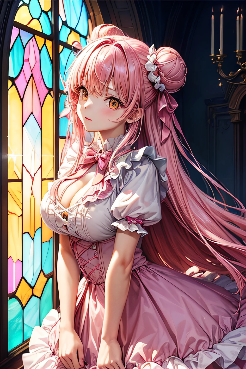 ((worst quality, low-quality)), Solo, slender, girl with, (huge tit), ((2 hair buns)), ((Long Pink Hair)), scrunchie, (Dresses with ruffles in pink color), ((Yellow eyes)), plump shiny lips, Beautiful clear eyes, Spoken Heart, Leaning forward, (topaz), (Stained glass window background), ((Shining sunlight)), (light Particle, light glow, llight rays:1.4), masutepiece,Best Quality,ultra-detailliert,
