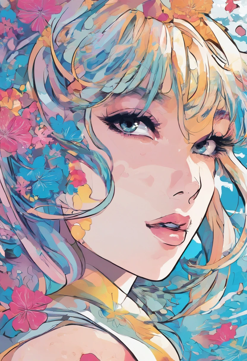 (masterpiece), (best quality), (ultra detailed),(disheveled hair),(illustration), (1girl), (Fashionable clothing), standing, Fashion model, looking at viewer, (interview), (simple background),beautiful detailed eyes, delicate beautiful face, Floating,(high saturation),(colorful splashes),colorful bubble,(shining), focus on face, ponytail, kamisato ayaka, light blue hair, bangs, hair ring, floating flowers, floating hairs, (shining), best lighting, best shadow,