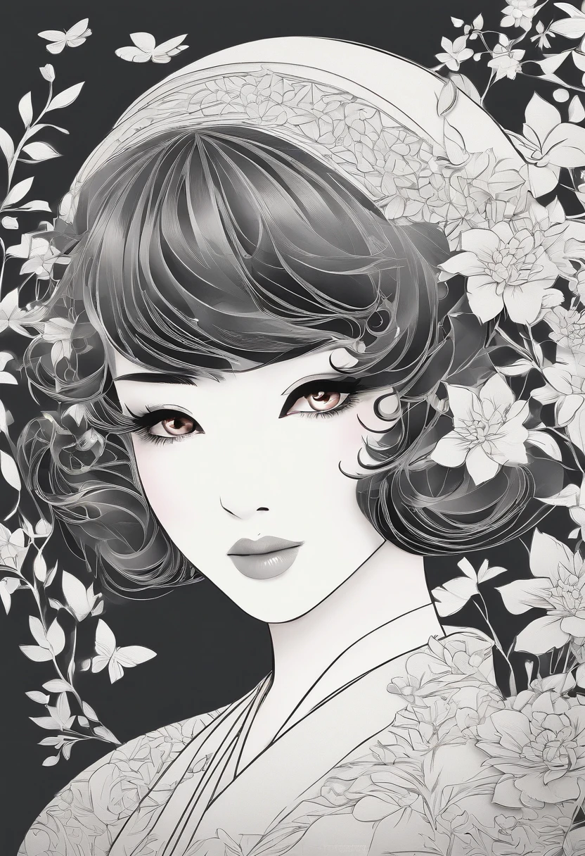 Watercolor style、digitalart、Black Hair Bob、Japan Beautiful Girl、realistic