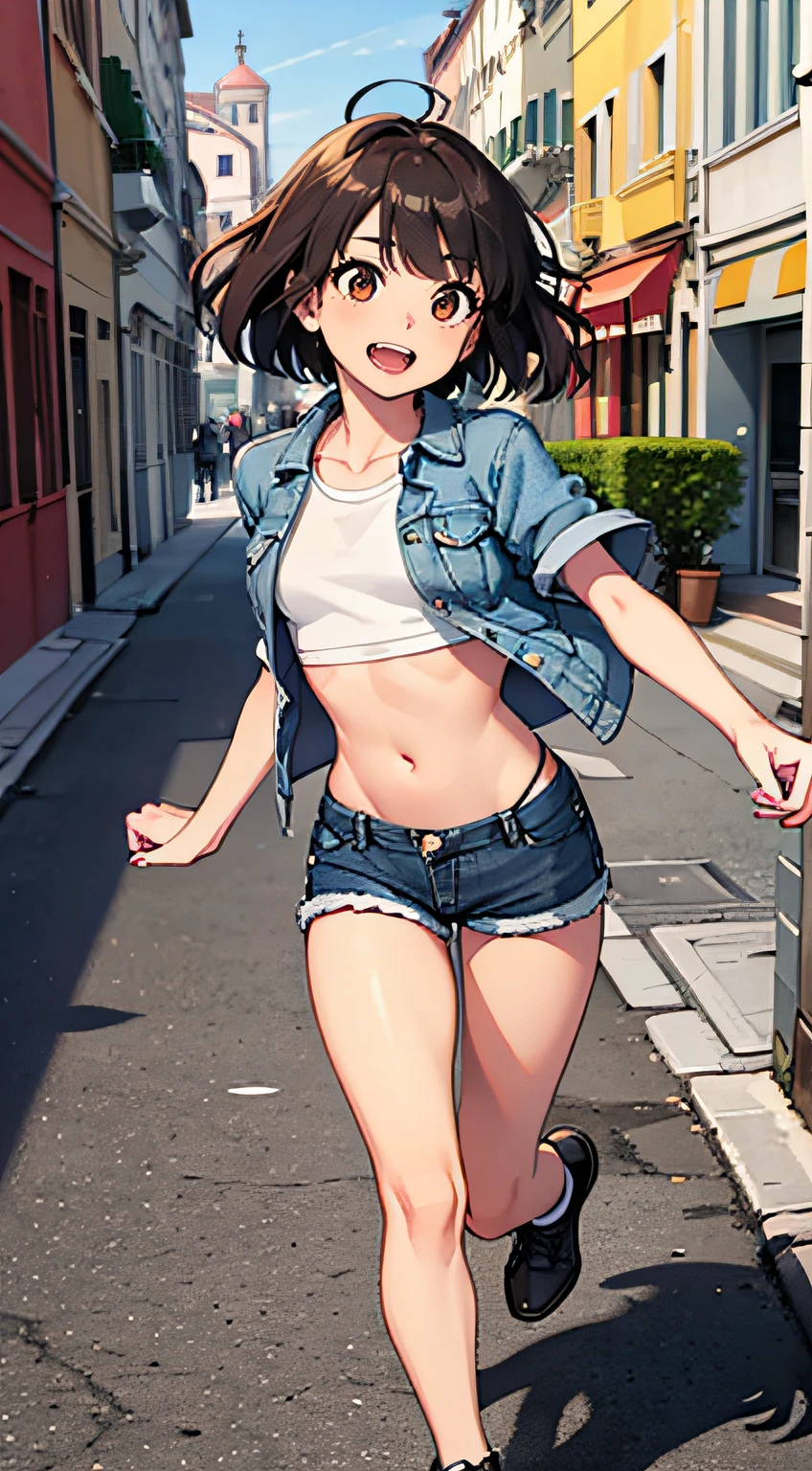 (Masterpiece),(top-quality),in 8K,Venice,Eurostreet,Red brick cobblestones,Running towards you, Composition from the knee up,(soio), Full body like,((small udder)),((skinny thigh)),Nice big brown eyes, (High detail eyes),happily laughing,Confident and triumphant expression, double tooth,dark brown hair, Hair fluttering in the wind,Very Shorthair,(Denim shorts:1.3),(Short denim jacket with short sleeves:1.3),(Black spats:1.3),Black short length T-shirt, I can see my stomach,White sneakers,  Girl, (highdetailskin：1.3), High school students,Mature body,Well-maintained sidewalks,look up to,optimal ratio of four fingers and one thumb,Perspective, Glow white particles,f lare, Fine Features, Perfect Anatomy Tommy, Centered, Perfect distance, Highly detailed, with an intricate, acurate, Highly detailed rich colors, taming, Rich colors, clean, Rich colors, elaborate details, golden ratio illustrations