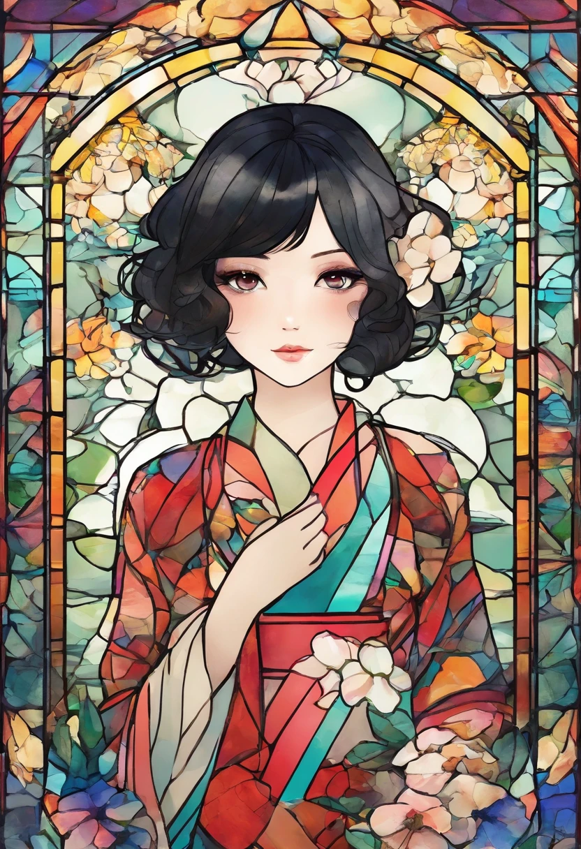 Watercolor style、digitalart、Black Hair Bob、Japan Beautiful Girl、realistic