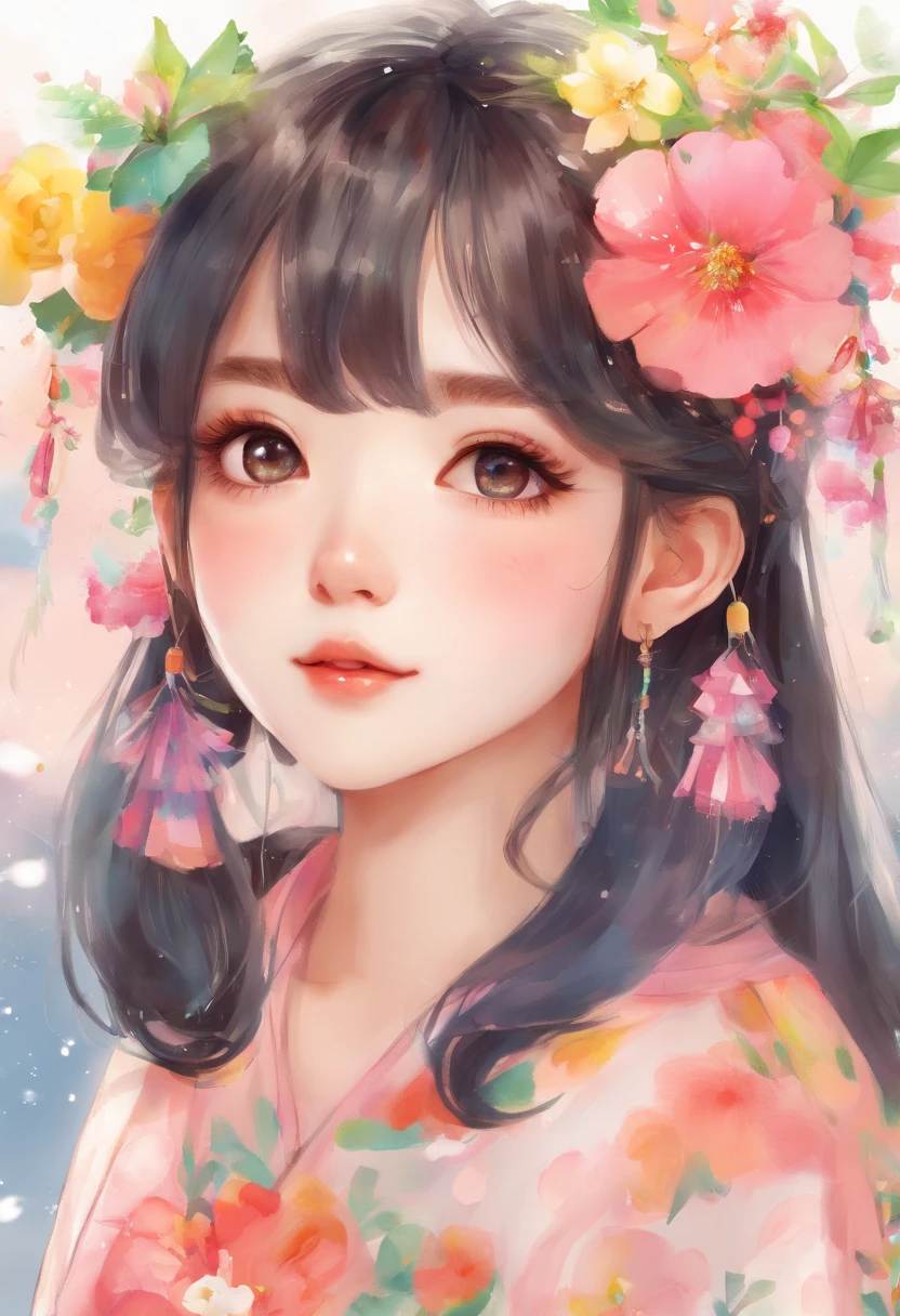 Watercolor style、digitalart、Black Hair Bob、Japan Beautiful Girl、realistic