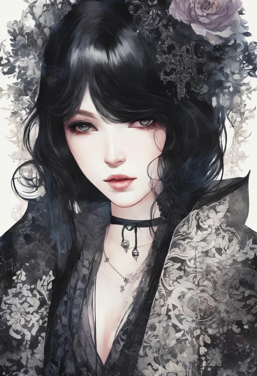 Watercolor style、digitalart、Black Hair Bob、Japan Beautiful Girl、realistic