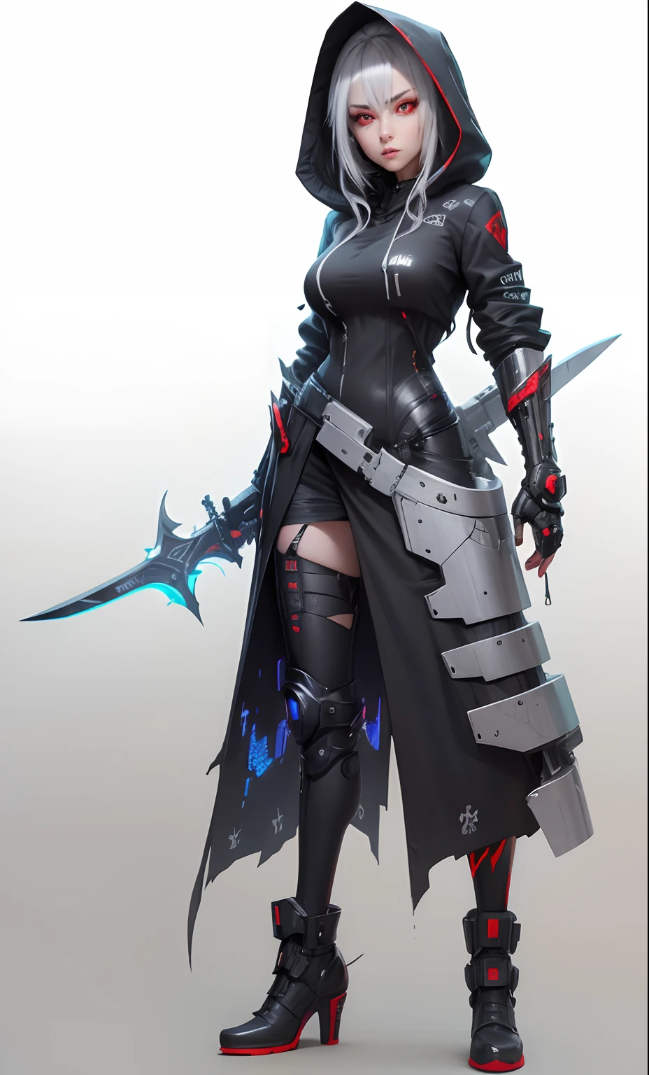 Beautiful girl with futuristic hoodie, Gray hair, Red eyes, bloodlust eyes, Cyberpunk theme, Sword, Big breast, Sexy, CyberGirl, Futuristic, Amazing, best quality, extremely detailed, realistic, 8k resolution