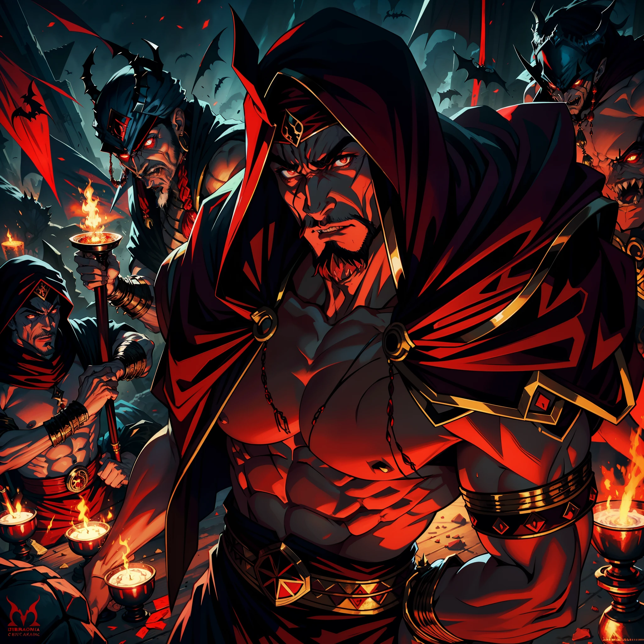 Moroccan Arab Beautiful Muscular Full Muscular Scary Legendary Lord Dracula with Red Turban Fierce Look Go In Group Of Demons To Fight Sharp Details Cinematic Scenes Movie Epic Legendary Lord Dracula Leading Troops Moroccan Islamic Environment