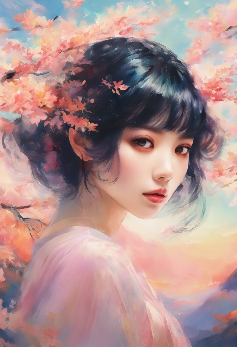 Watercolor style、digitalart、Black Hair Bob、Japan Beautiful Girl、realistic
