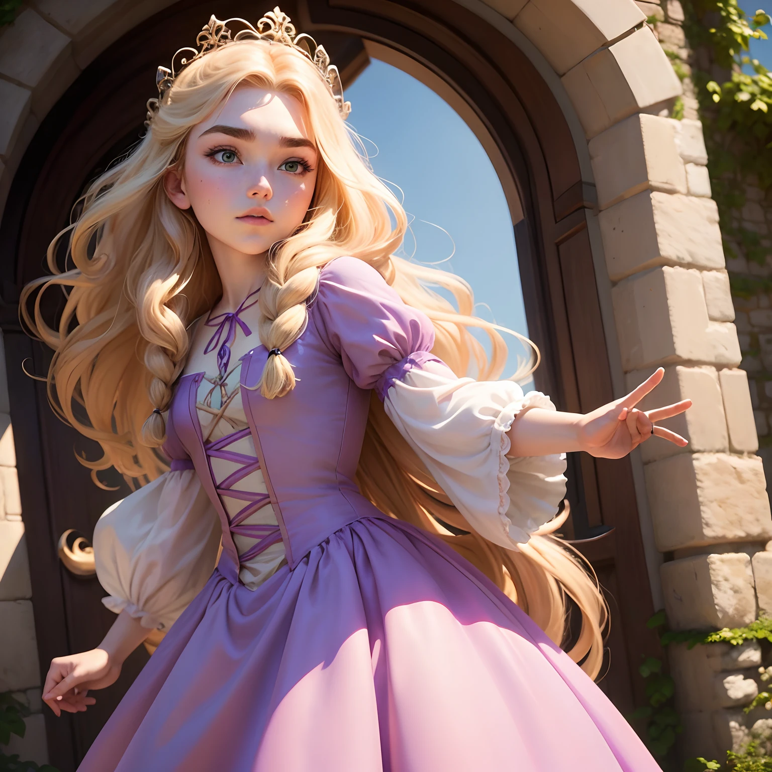 Crie florence pugh como Rapunzel. Com bastante detalhes em seu vestido, but that are faithful to Disney animation, Make Your Huge Hair Stand Out, Put it in high resolution