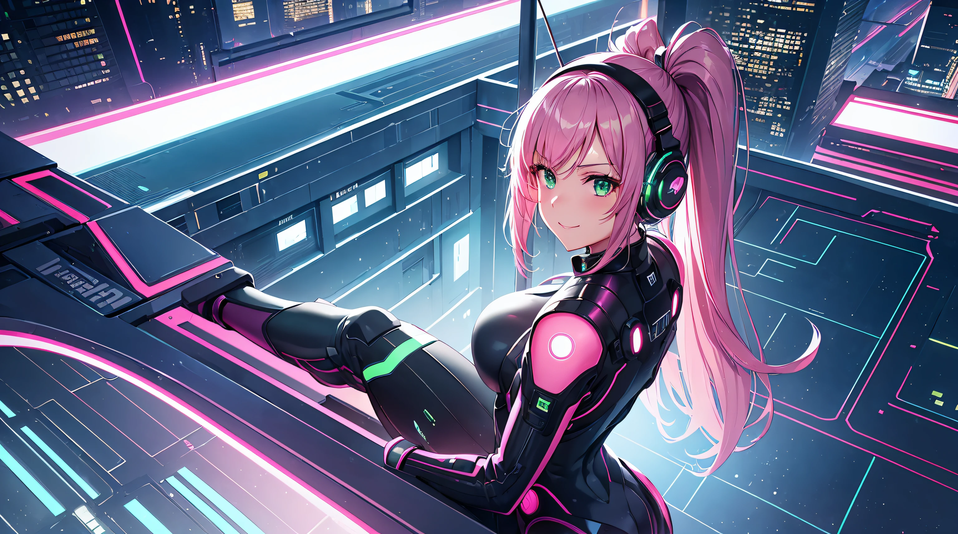 ​masterpiece, 1girl ((20year old, bodysuit, futuristic space suit, knee-high boots, medium breasts, multi-color pink hair, twin ponytails, green eyes, flirting, happy, big smile, looking up, headphones, standing in the street of a SCI-FI futuristic and modern moon base street, futuristic and energetic atmosphere)) ((nighttime)) ((high camera angle, top view))