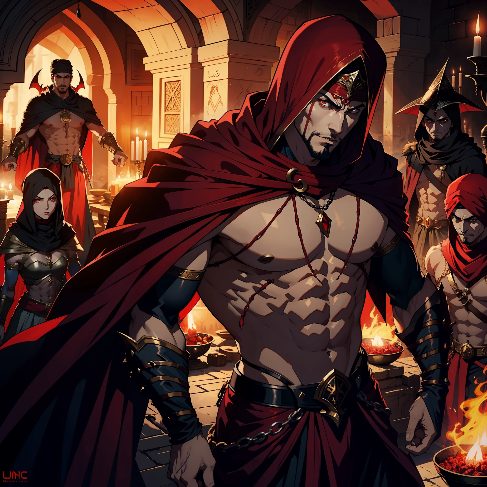 Moroccan Arab Beautiful Muscular Full Muscular Scary Legendary Lord Dracula with Red Turban Fierce Look Go In Group Of Demons To Fight Sharp Details Cinematic Scenes Movie Epic Legendary Lord Dracula Leading Troops Moroccan Islamic Environment