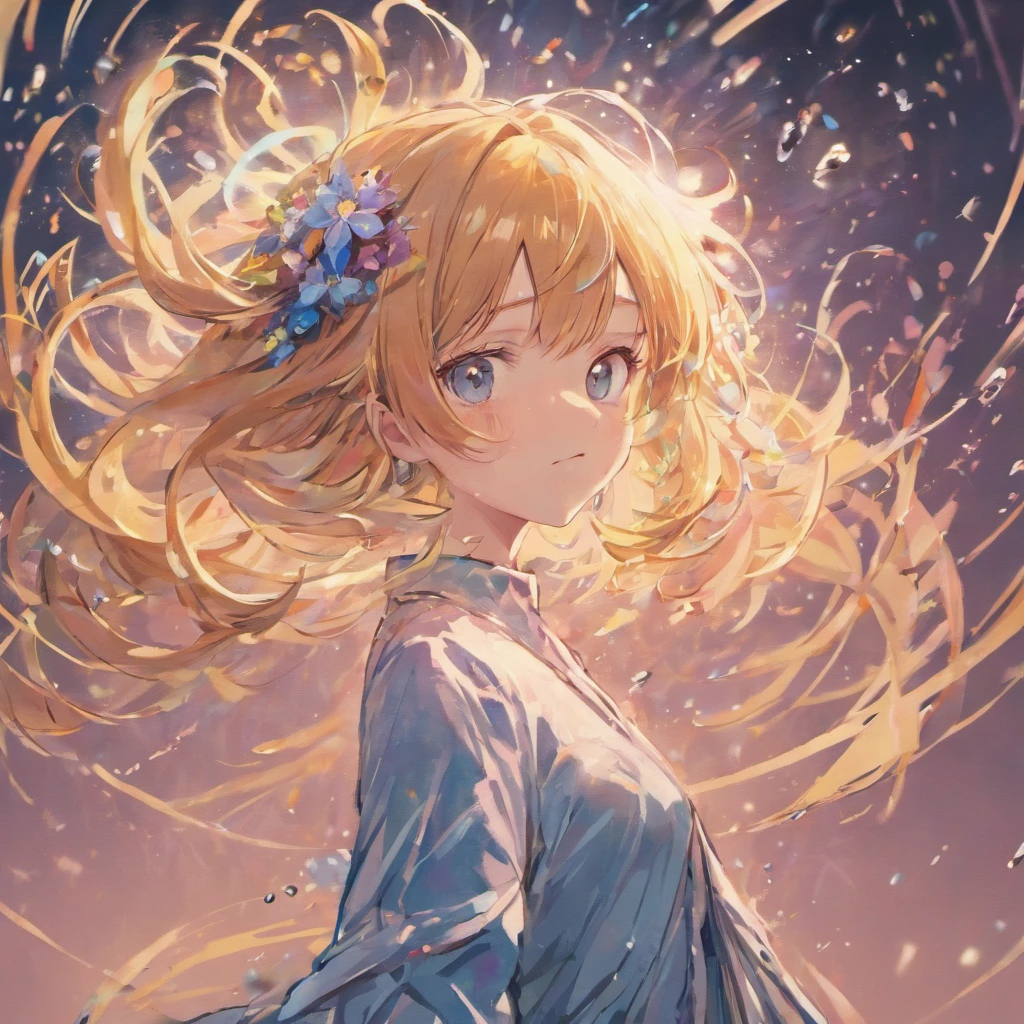 (masterpiece), (best quality), (ultra detailed),(disheveled hair),(illustration), (1girl), (Fashionable clothing), standing, Fashion model, looking at viewer, (interview), (simple background),beautiful detailed eyes, delicate beautiful face, Floating,(high saturation),(colorful splashes),colorful bubble,(shining), focus on face, ponytail, kamisato ayaka, light blue hair, bangs, hair ring, floating flowers, floating hairs, (shining), best lighting, best shadow,