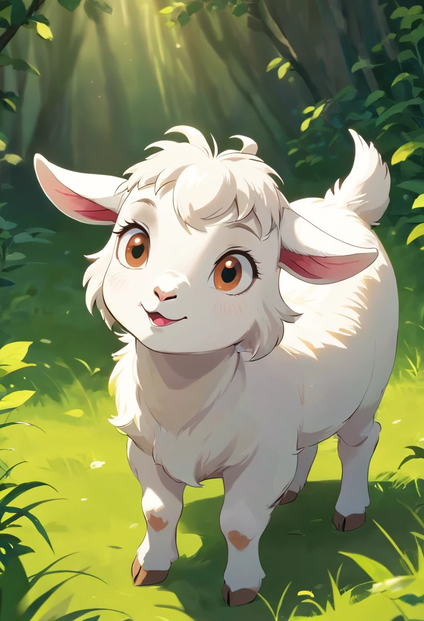 1 baby goat, only goat, no humans, white fur, baby goat, round face, cute goat, short horns, cartoony,, vetorial line art, high contrast, lighting bloom, color dodge