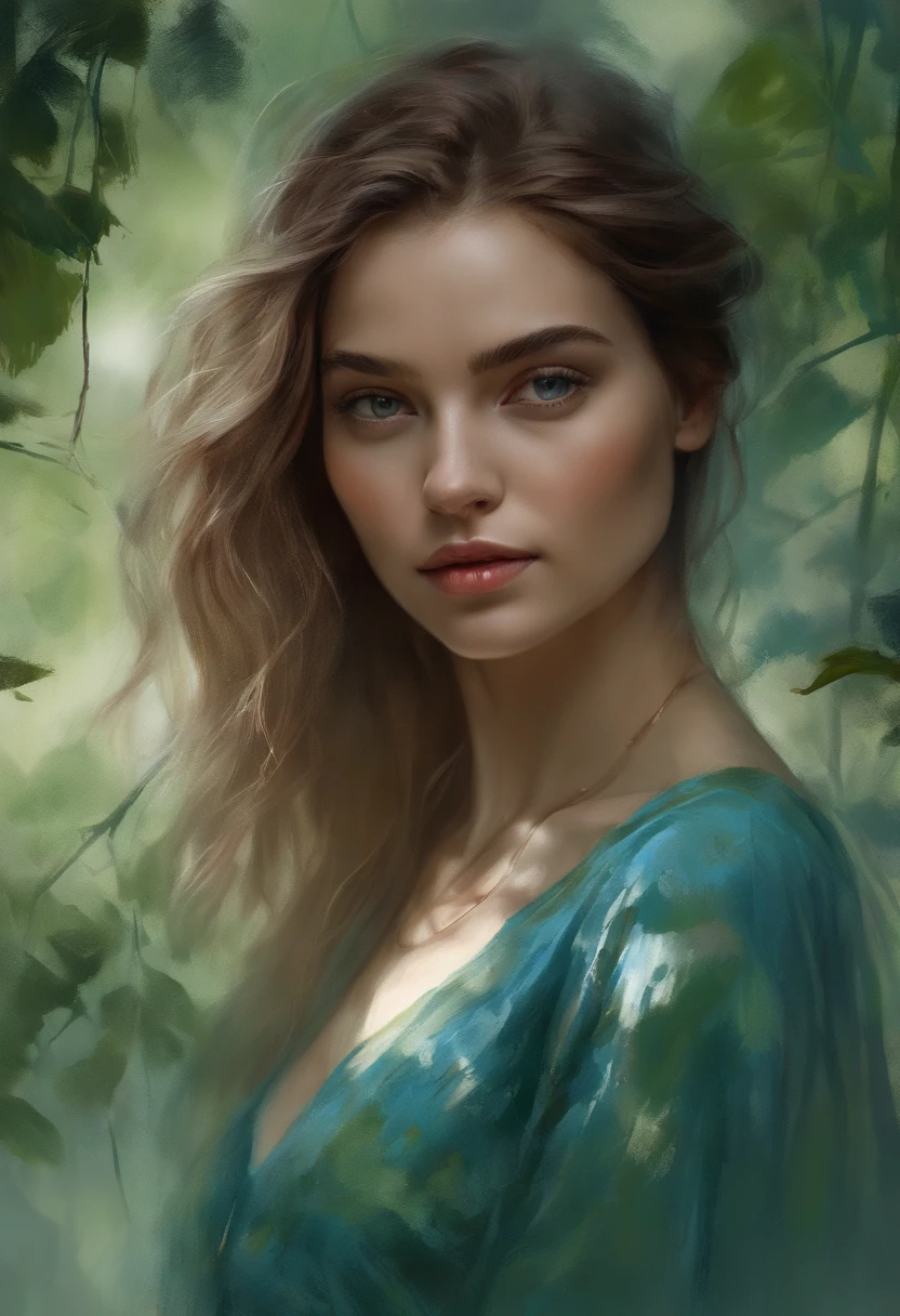 happy girl, centrado, Looking at the camera, nearing perfection, dynamic, (tonos de azul y ((Verde bosque 1.5)))), Altamente detallado, Pintura digital, Art Station, Arte conceptual, Suave, foco nítido, 插圖, arte de Carne Griffiths y Wadim Kashin, Cara detallada, 4k