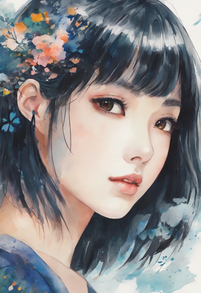 Watercolor style、digitalart、Black Hair Bob、Japan Beautiful Girl、18year old、realistic