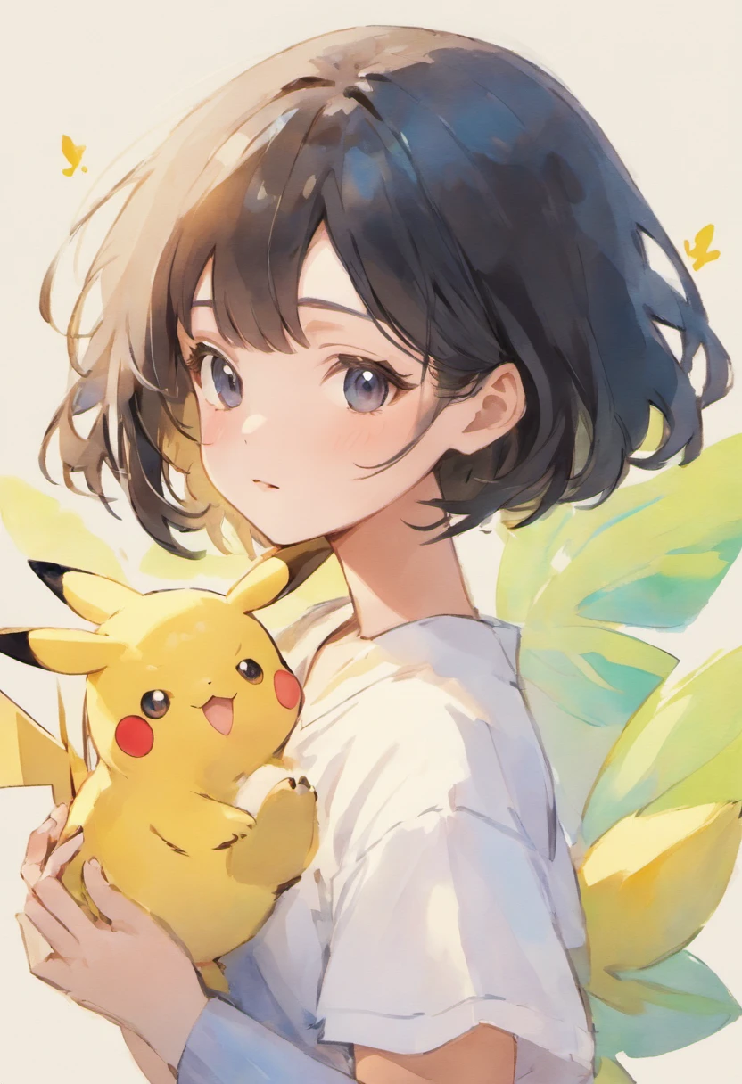 Watercolor style、digitalart、Black Hair Bob、Japan Beautiful Girl、18year old、realistic