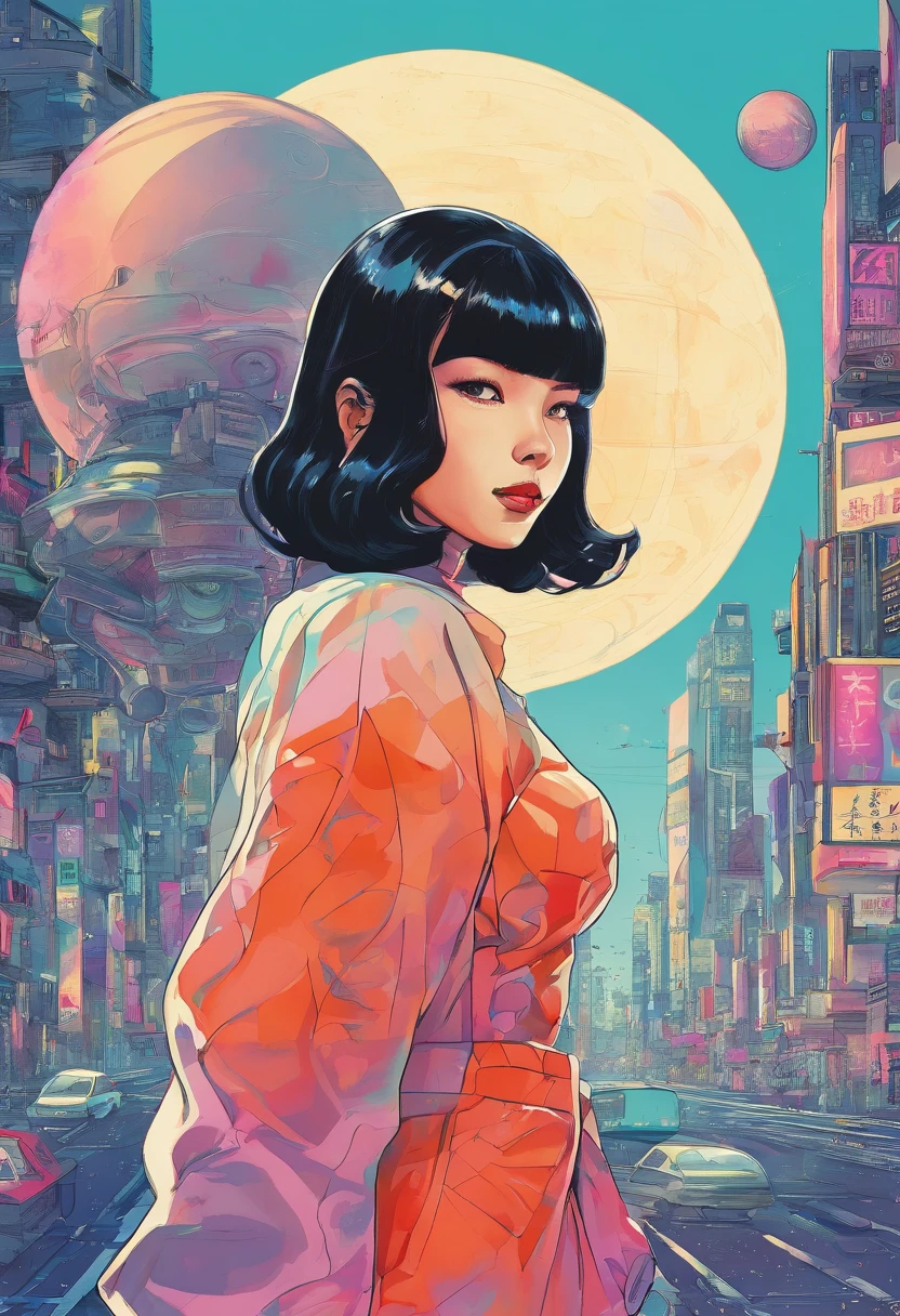 Watercolor style、digitalart、Black Hair Bob、Japan Beautiful Girl、18year old、realistic
