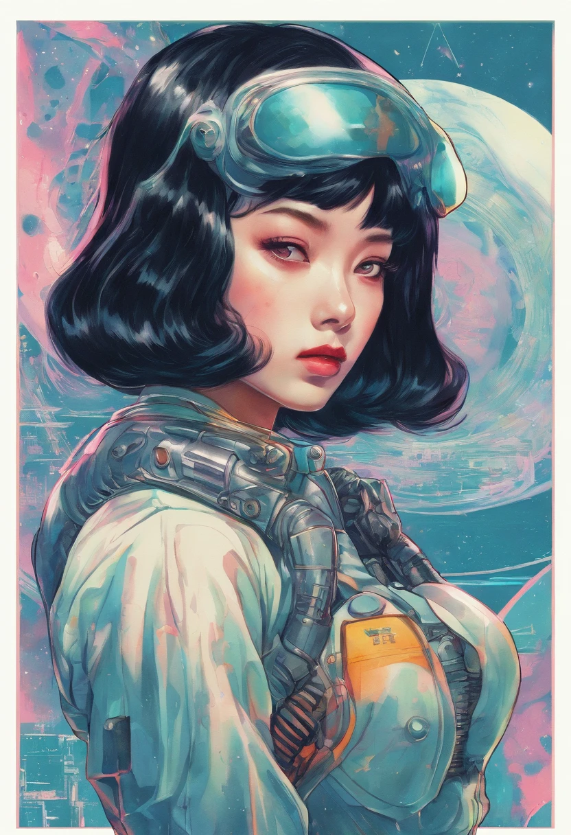 Watercolor style、digitalart、Black Hair Bob、Japan Beautiful Girl、18year old、realistic