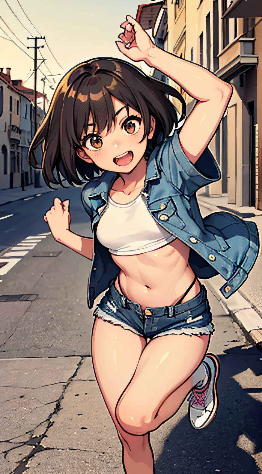 (Masterpiece),(top-quality),in 8K,Venice,Eurostreet,Red brick cobblestones,Running towards you, Composition from the knee up,(soio), Full body like,((small udder)),((skinny thigh)),Nice big brown eyes, (High detail eyes),happily laughing,Confident and triumphant expression, double tooth,dark brown hair, Hair fluttering in the wind,Very Shorthair,(Denim shorts:1.3),(Short denim jacket with short sleeves:1.3),(Black spats:1.3),Black short length T-shirt, I can see my stomach,White sneakers,  Girl, (highdetailskin：1.3), High school students,Mature body,Well-maintained sidewalks,look up to,optimal ratio of four fingers and one thumb,Perspective, Glow white particles,f lare, Fine Features, Perfect Anatomy Tommy, Centered, Perfect distance, Highly detailed, with an intricate, acurate, Highly detailed rich colors, taming, Rich colors, clean, Rich colors, elaborate details, golden ratio illustrations