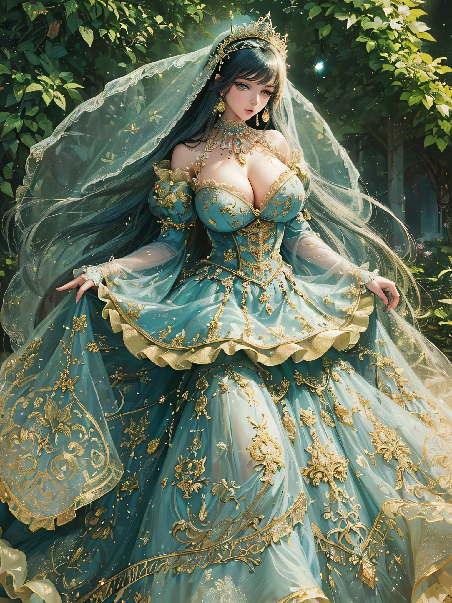 ((anime artstyle)),(Masterpiece),(Best Quality), (Super Detail),((Very Delicate and Beautiful)),cinematic lighting,1 girl,((full body portrait)),((standing in garden)),((solo)),(((1 fairytale princess in gorgeous embroidery and jeweled extremely gorgeous rococo princess ballgown with voluminous full length hoop skirt))),an hourglass waist,padded and corseted bodice,(((huge crinoline hoopskirt))),long train,((gorgeous embroidery and jeweled)),voluminous frills,See-through,(((extremely gigantic tits,skindentation))),cleavage,((absurdly Long Straight Hair,extremely voluminous Straight long Hair,absurdly Long Straight Hair)),(finely detailed face and eyes),clear pupil,extremely gorgeousfull hair ornament,(bling-bling jeweled extremely gorgeousfull tiara),((bling-bling gorgeous gemstone jewelry)),gorgeous long veil,((ultra long gloves)),(beautiful background),(full body),((gorgeous embroidery and jeweled extremely gorgeous rococo princess ballgown with voluminous full length hoop skirt))
