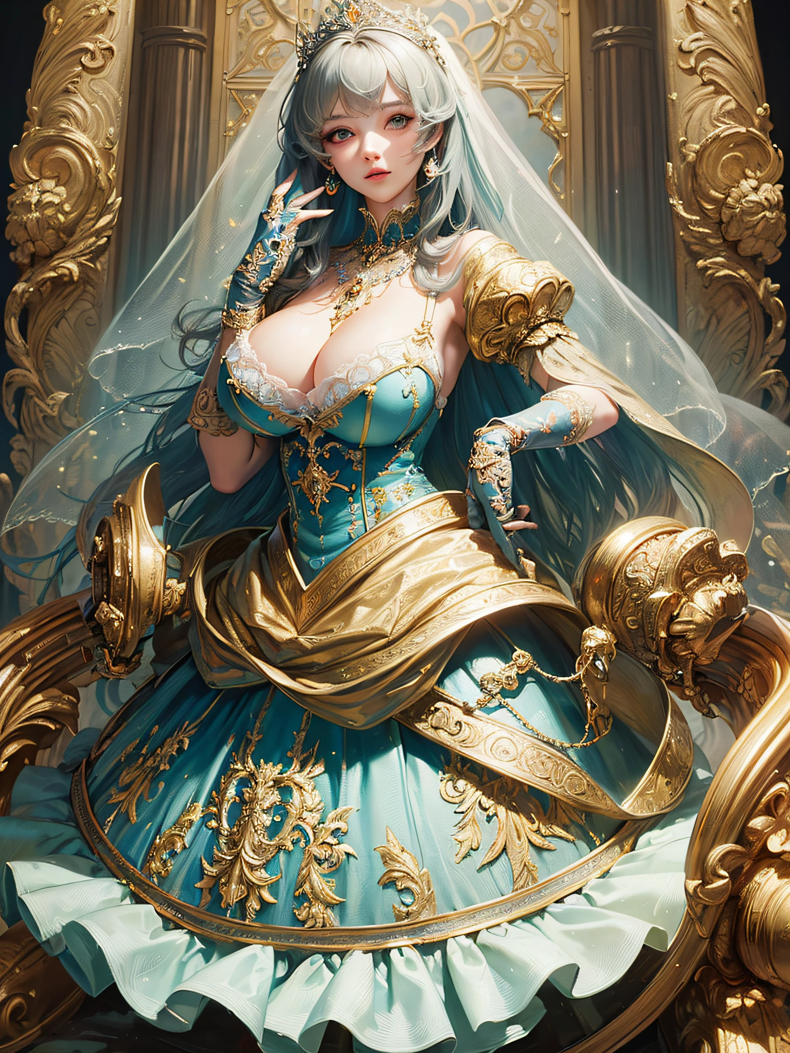 ((anime artstyle)),(Masterpiece),(Best Quality), (Super Detail),((Very Delicate and Beautiful)),cinematic lighting,1 girl,((full body portrait)),((standing in garden)),((solo)),(((1 fairytale princess in gorgeous embroidery and jeweled extremely gorgeous rococo princess ballgown with voluminous full length hoop skirt))),an hourglass waist,padded and corseted bodice,(((huge crinoline hoopskirt))),long train,((gorgeous embroidery and jeweled)),voluminous frills,See-through,(((extremely gigantic tits,skindentation))),cleavage,((absurdly Long Straight Hair,extremely voluminous Straight long Hair,absurdly Long Straight Hair)),(finely detailed face and eyes),clear pupil,extremely gorgeousfull hair ornament,(bling-bling jeweled extremely gorgeousfull tiara),((bling-bling gorgeous gemstone jewelry)),gorgeous long veil,((ultra long gloves)),(beautiful background),(full body),((gorgeous embroidery and jeweled extremely gorgeous rococo princess ballgown with voluminous full length hoop skirt))