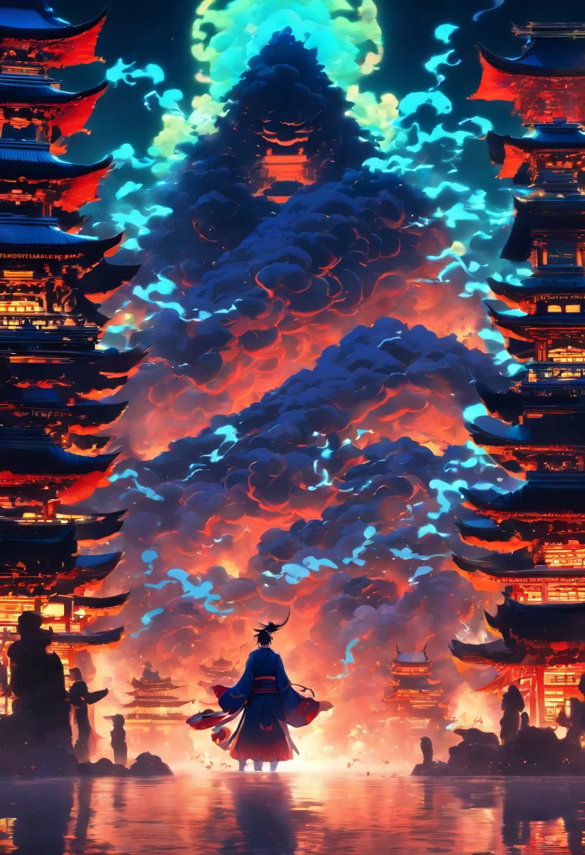 (((Japanese Underworld))) best quality, ultra-high resolution, 4K detailed CG, master piece,YOMI-NO-KUNI, Tori,ruined temples,underworld,dark tone, smoke,((Sad look)), Japanese mythology, Japan, Shui Mo Hua, Chinese painting style, Thangka style, aesthetics, Beautiful image, depth of field, Centered image