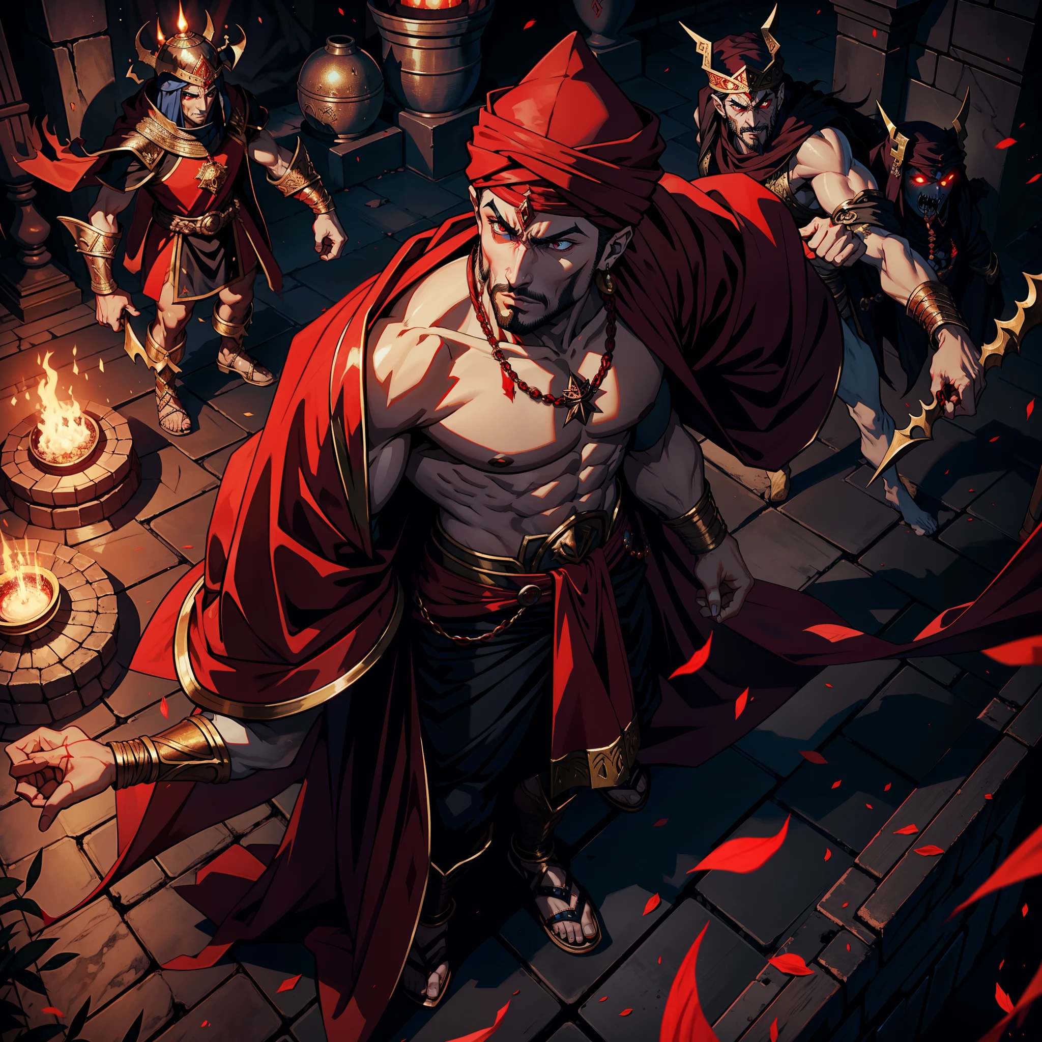Moroccan Arab Beautiful Muscular Full Muscular Scary Legendary Lord Dracula With Red Turban Fierce Look Go to a group of demons to fight sharp details Movie scenes Epic movie Legendary Lord Dracula Ruling Troops Islamic Environment Moroccan Environment
