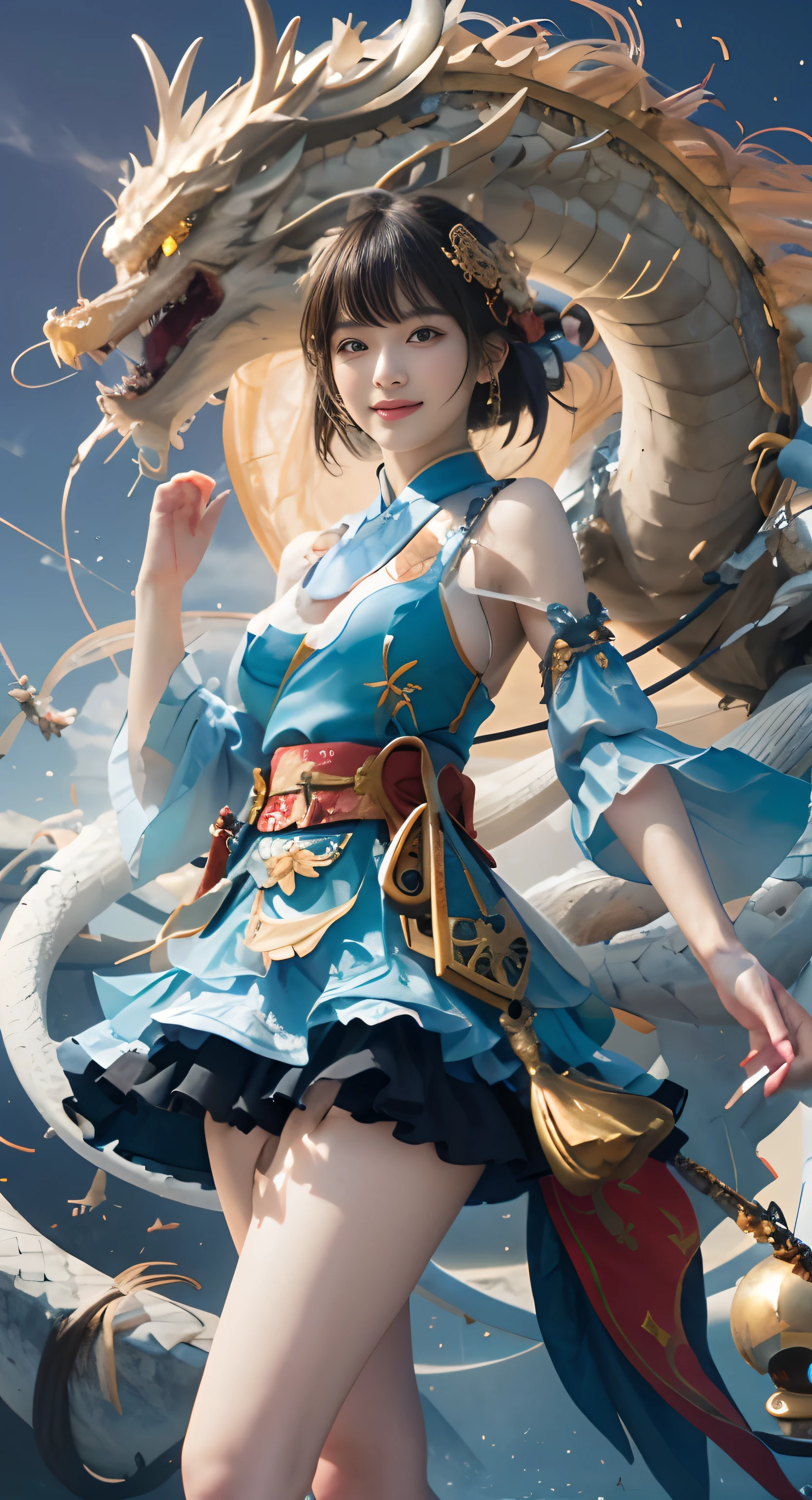 anime girl with dragon and sword in the sky, by Yang J, loong, ruan jia and artgerm, by Qu Leilei, alice x. zhang, ig model | artgerm, style of artgerm, ! dream artgerm, extremely detailed artgerm, inspired by Zhao Zuo, by Chen Lin, inspired by Pu Hua, masterpiece, superdeformed, (((full body:1.3))), ultra high res, RAW photo, masterpiece, ultra detailed, 8k, full detailed hair, highres, best quality, ultra high res, ultra detailed face and eyes, (((photorealistic:1.4))), looking at viewer, (((smiling:1.2))), cute, (((large breast:1.7))), (((ray tracing:1.4))), ((((long legs:1.4)))), Best quality , masterpiece, large hip, Fully facial detailed, beautiful, ((very detailed of hair )) , (((16 years old:1.2))), thin lips, big eyes, highres, seducing, blue eyes , slim waist, 8k:1.2, 16k:1.2, highres, karol bak uhd, inspired by hajime sorayama, sensual gravure idol, buxom chested, panasonic lumix s pro 70mm