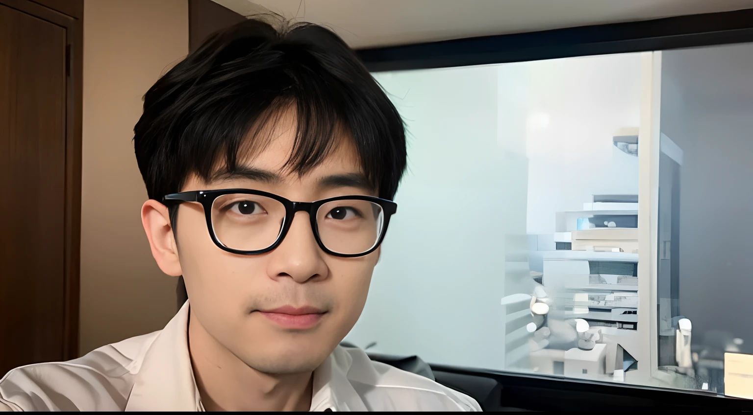 35-year-old Japan man wearing glasses、I'm doing financial Instagram live in my hotel room.。