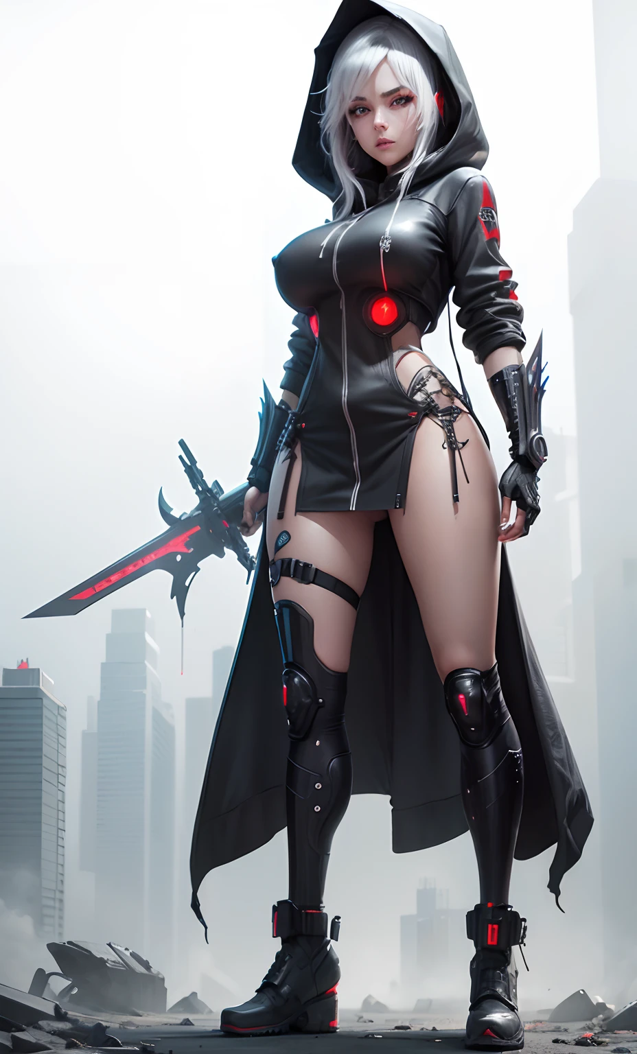 Beautiful girl with futuristic hoodie, Gray hair, Red eyes, bloodlust eyes, Cyberpunk theme, Sword, Big breast(nipple) , Naked, Sexy, CyberGirl, Futuristic, Amazing, best quality, extremely detailed, realistic, 8k resolution