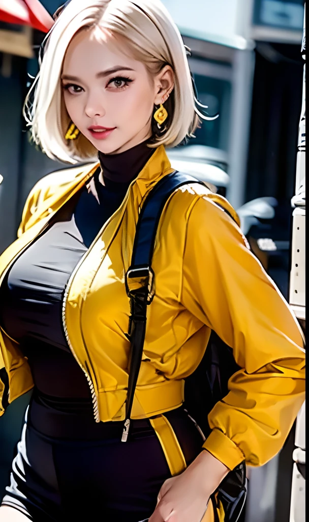best quality, highres, solo, blonde hair, a female character is wearing a yellow and black colored outfit with a backpack and a yellow vest, dark black and yellow, sports leisure, blue eyes, long hair, hoop earrings, headphones, chunky cuban link jewelry, medium breasts, pigeoncore, elaborate costumes, neo-dadaist, outdoor conference, mechanized precision, in the style of mecha sci-fi anime