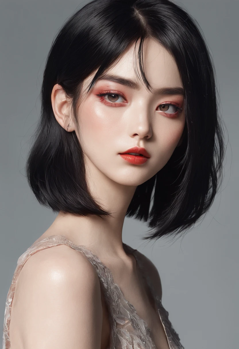 Watercolor style、digitalart、Black Hair Bob、Japan Beautiful Girl、18year old、realistic