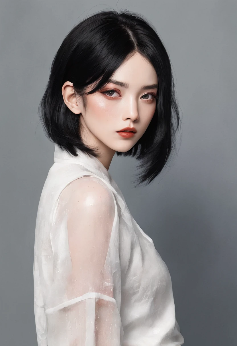 Watercolor style、digitalart、Black Hair Bob、Japan Beautiful Girl、18year old、realistic