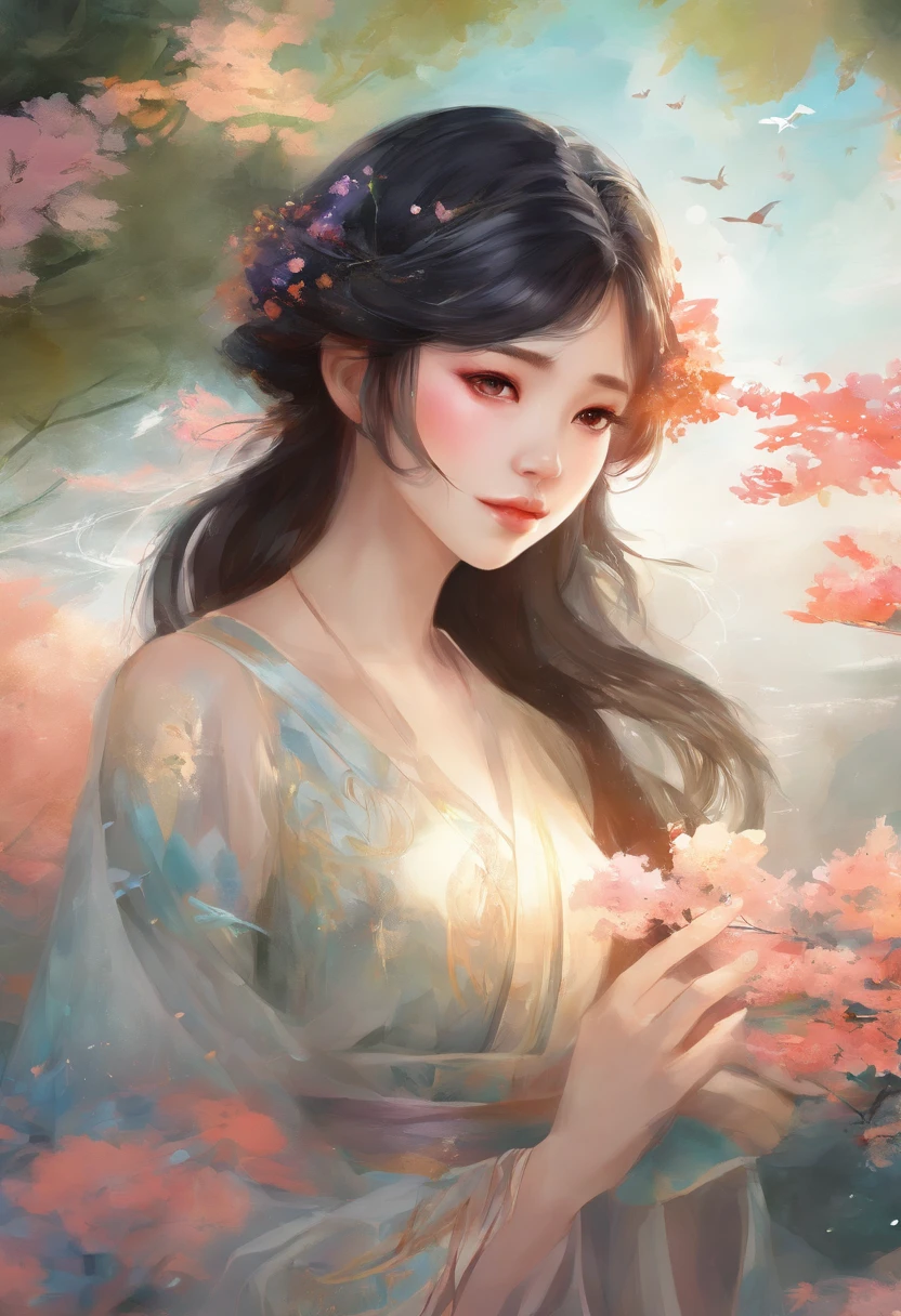 Watercolor style、digitalart、Black Hair Bob、Japan Beautiful Girl、18year old、realistic