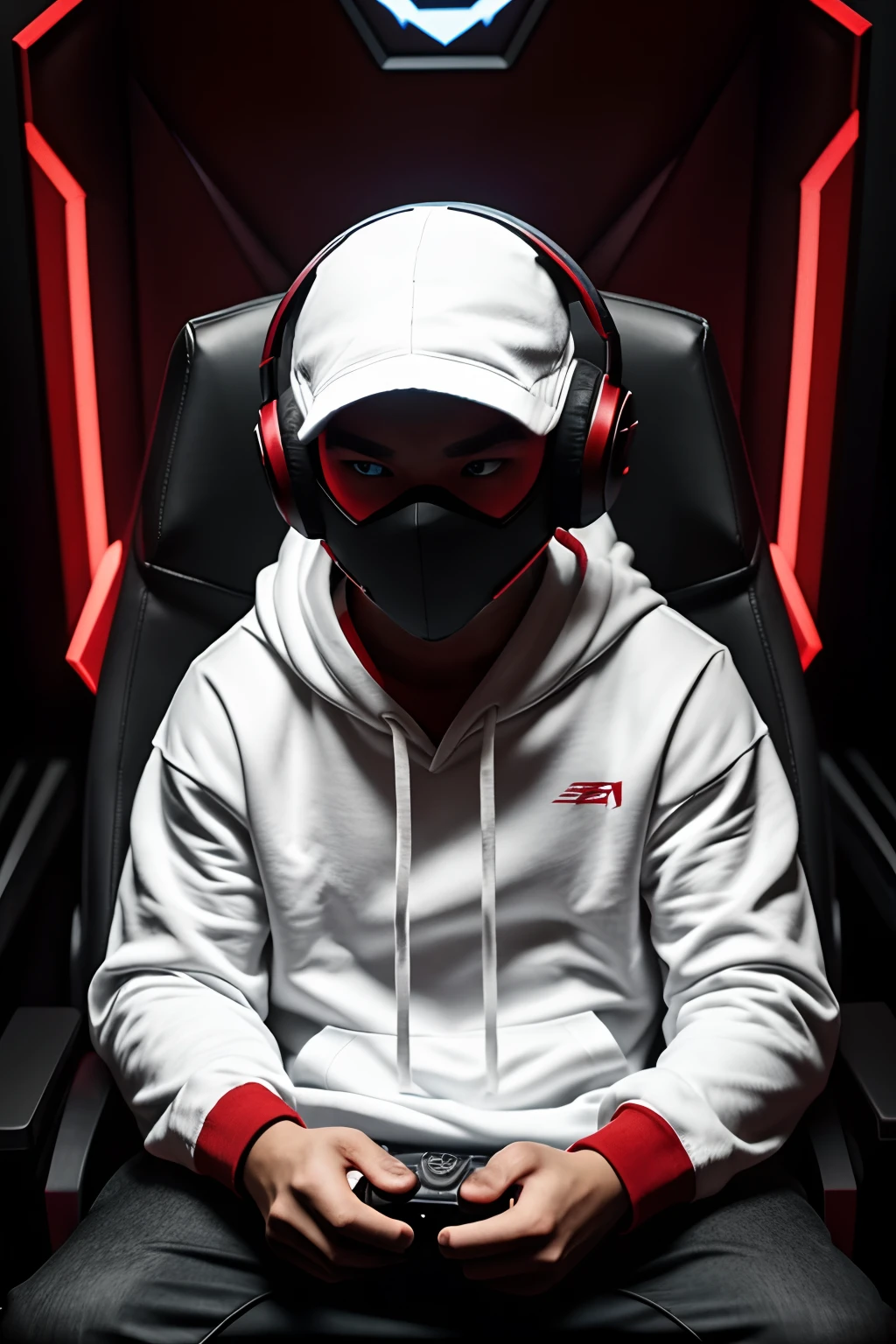 a boy gamer boy with a white and red hoodie hoodie, shadow in face, cant see his face, gaming headset, gaming, angry, mad