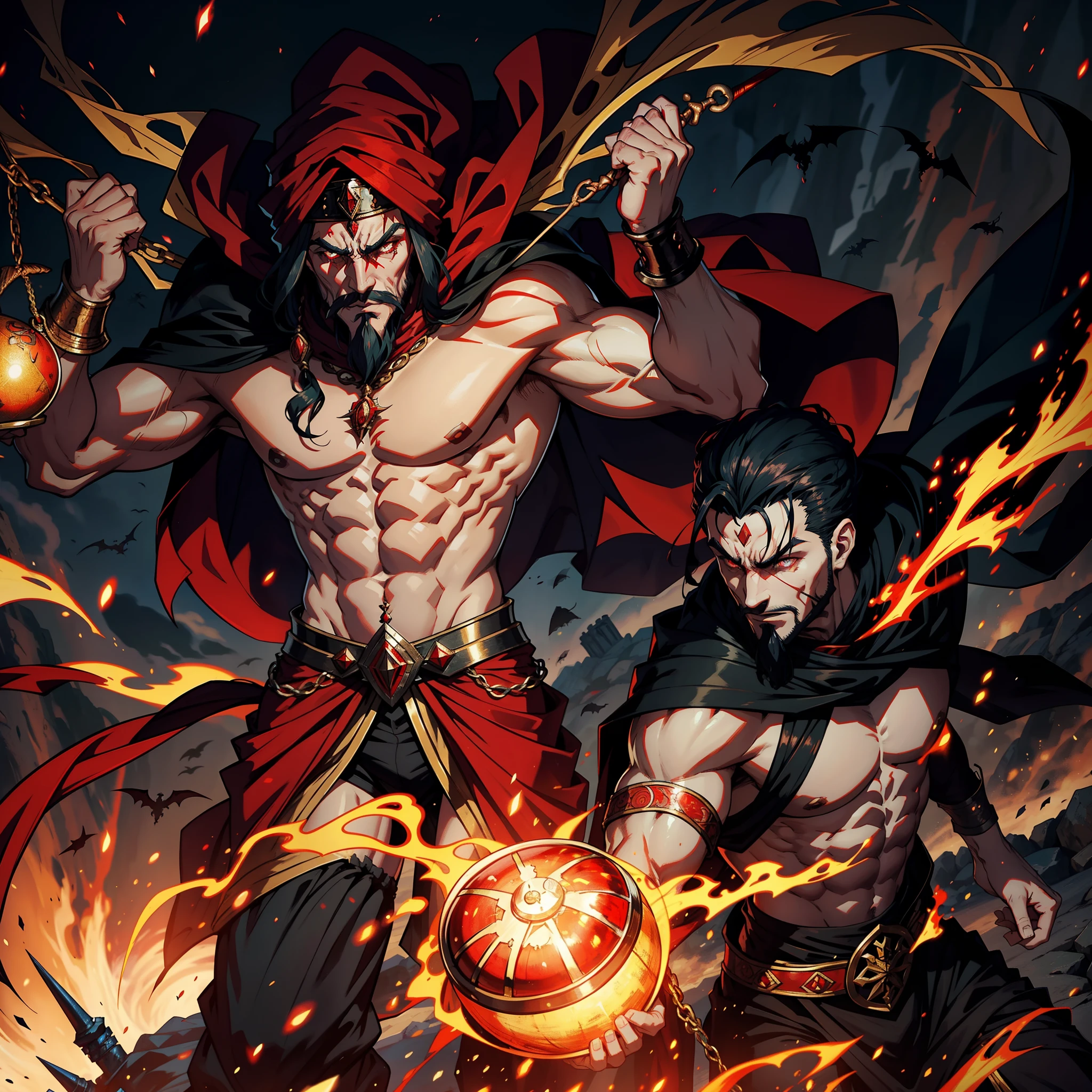 Moroccan Arab Beautiful Muscular Full Muscle Scary Legendary Lord Dracula with Red Turban Fierce gaze Go to a group of demons to fight sharp details Movie Scenes Epic Movie Movie Legendary Lord Dracula Ruling Troops Islamic Environment Moroccan Environment Aggressive Battlefield Battle War Legendary Demons
